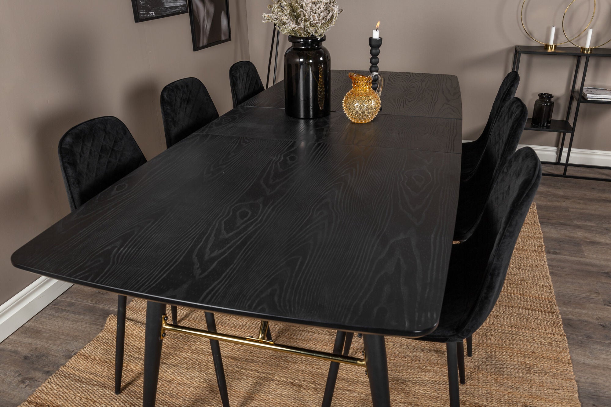 Venture Home Gold Extention bord - 180/220*85*H76 Black Veneer - Black legs - Brass details+Polar Diamond Spisebordsstol - Black Legs - Black Velvet_6