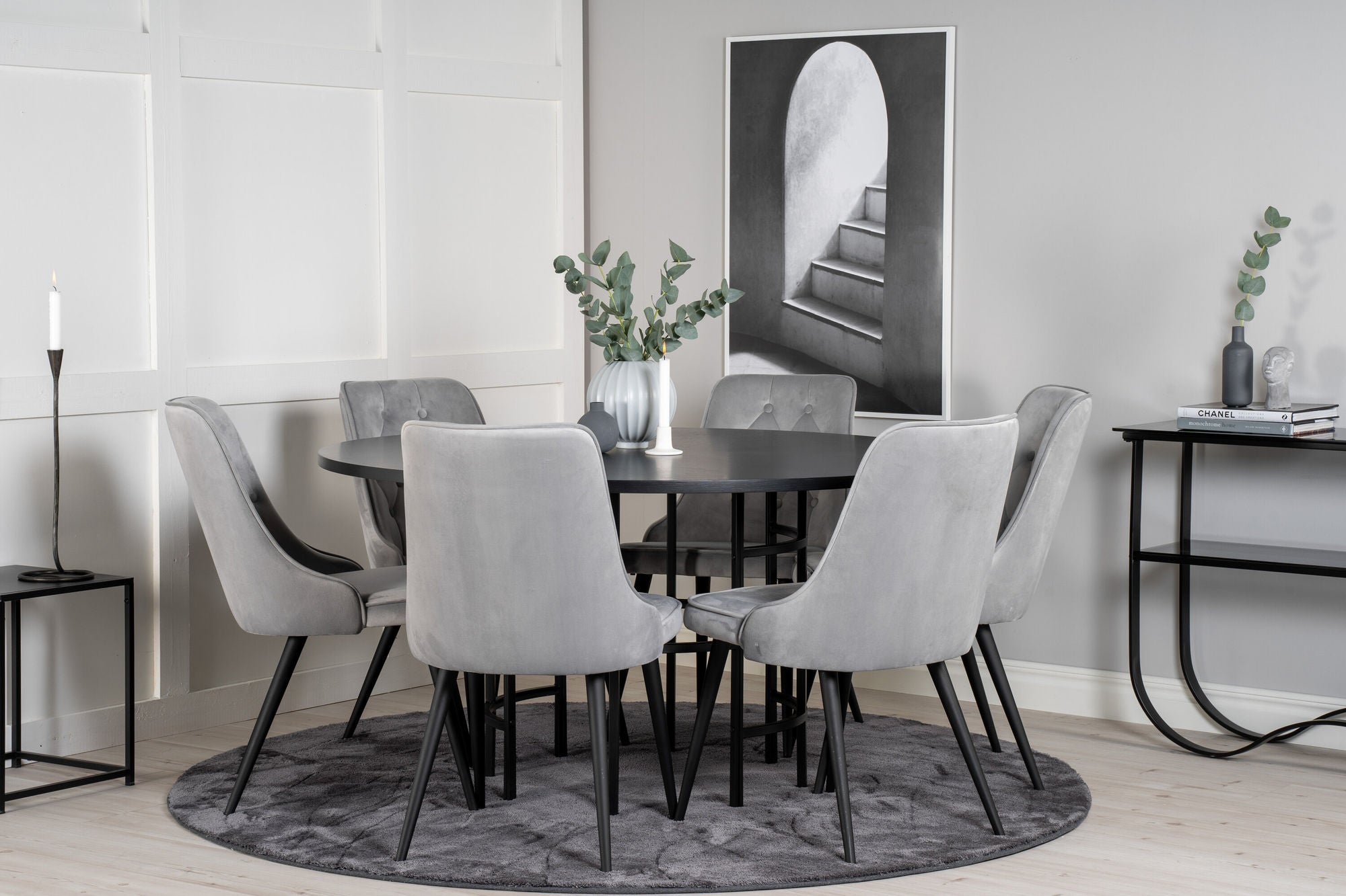 Venture Home Copenhagen - spisebord round - Black / Black+Velvet Deluxe Spisebordsstol - Black legs / Light Grey velvet_6