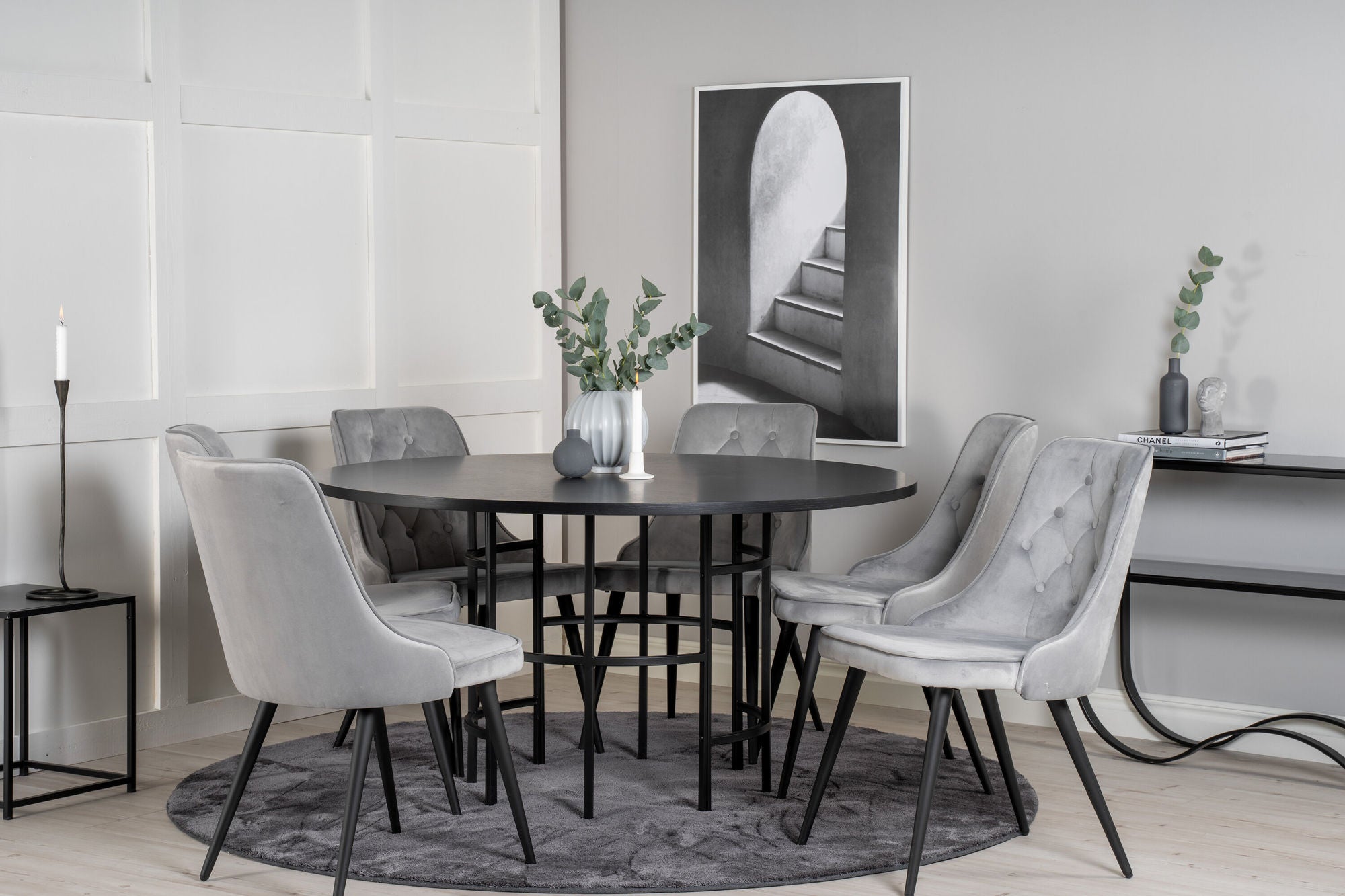 Venture Home Copenhagen - spisebord round - Black / Black+Velvet Deluxe Spisebordsstol - Black legs / Light Grey velvet_6
