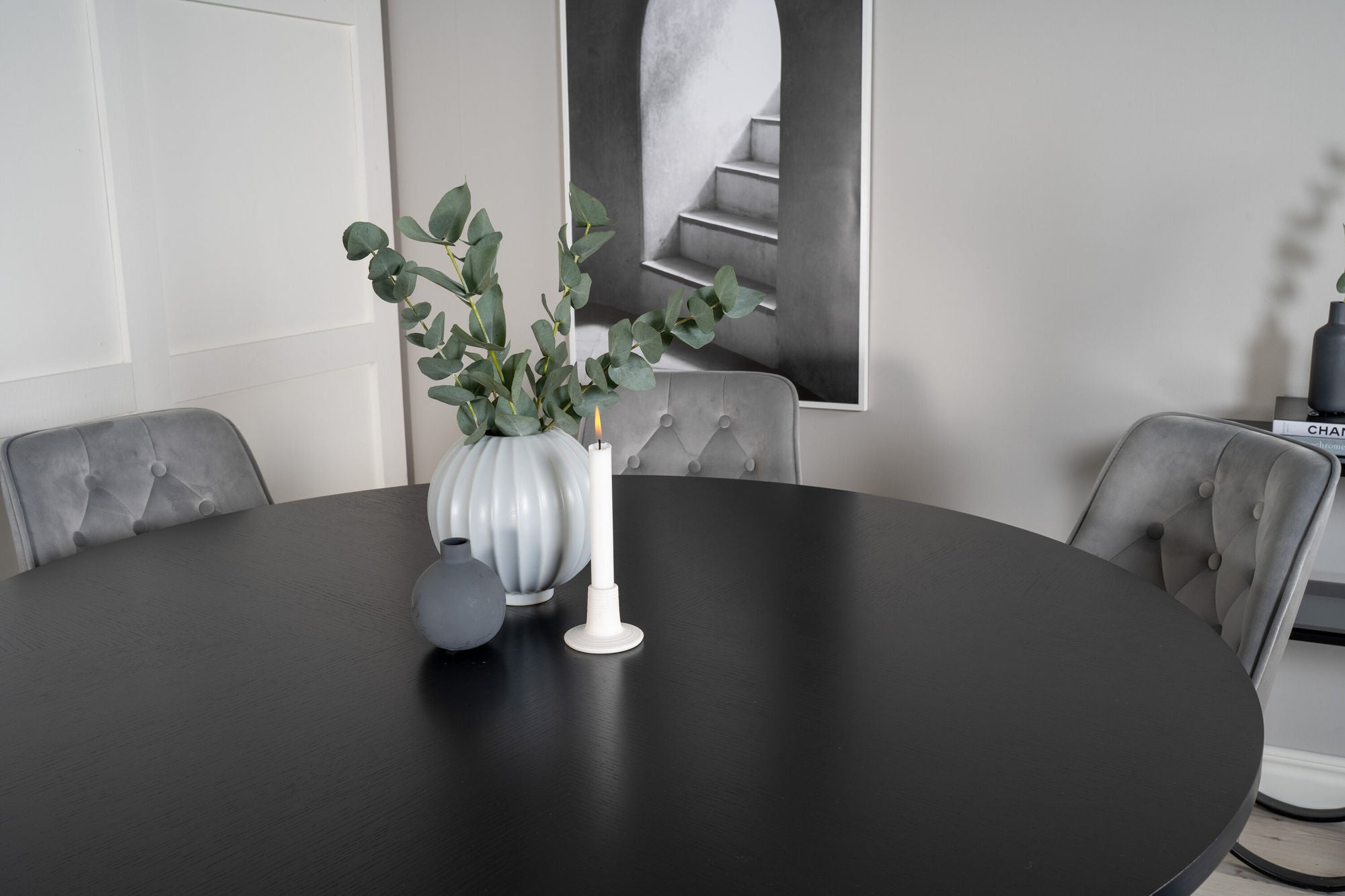 Venture Home Copenhagen - spisebord round - Black / Black+Velvet Deluxe Spisebordsstol - Black legs / Light Grey velvet_6
