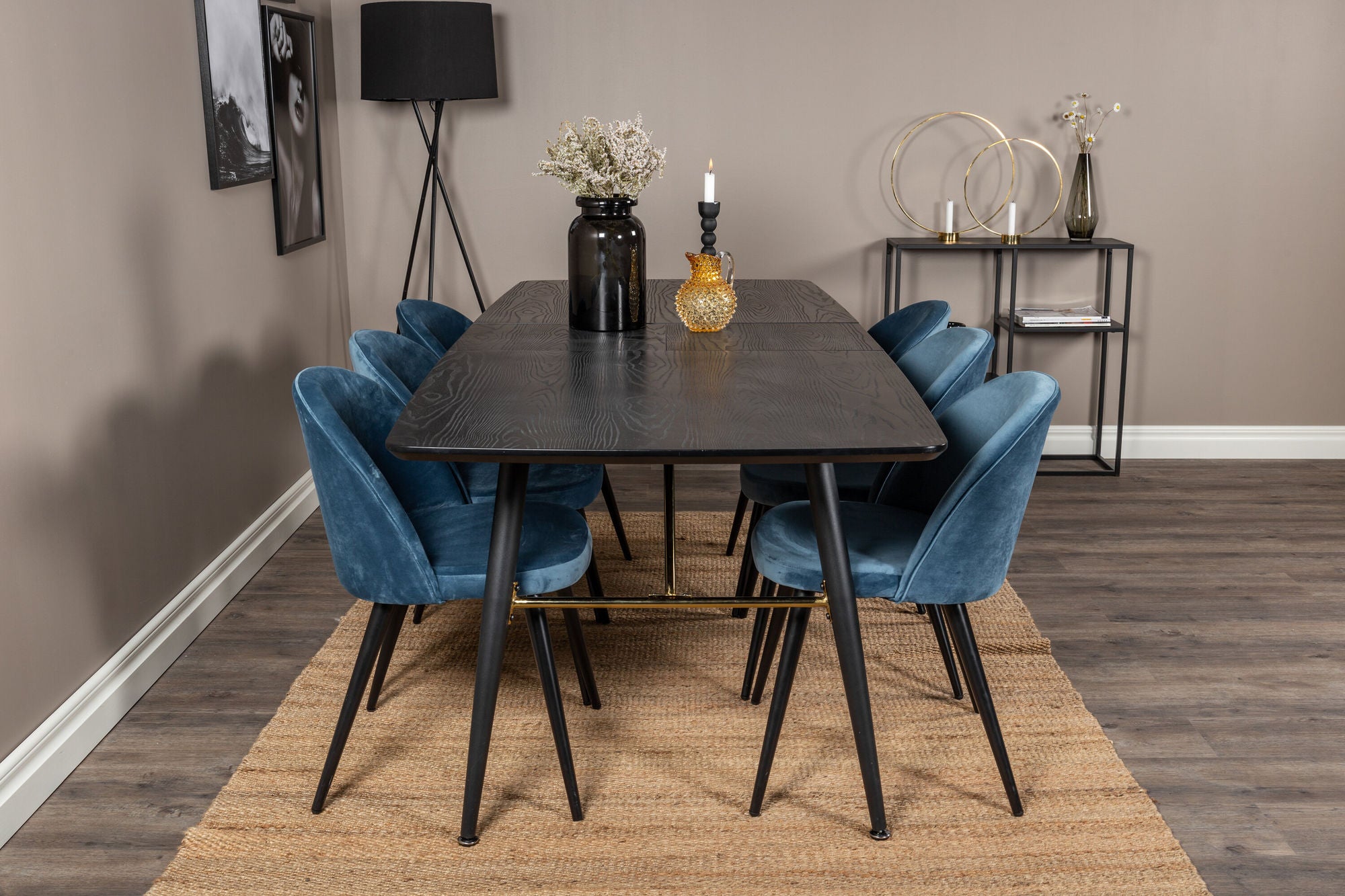 Venture Home Gold Extention bord - 180/220*85*H76 Black Veneer - Black legs - Brass details+Velvet Spisebordsstol - Blue / Black_6