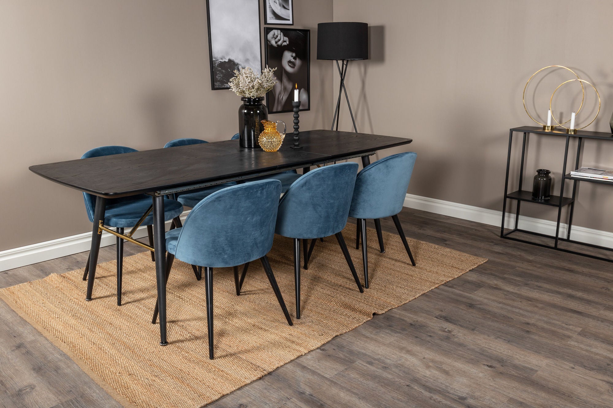 Venture Home Gold Extention bord - 180/220*85*H76 Black Veneer - Black legs - Brass details+Velvet Spisebordsstol - Blue / Black_6