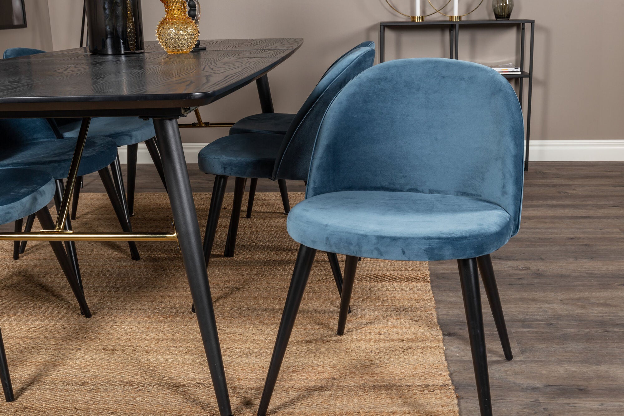 Venture Home Gold Extention bord - 180/220*85*H76 Black Veneer - Black legs - Brass details+Velvet Spisebordsstol - Blue / Black_6