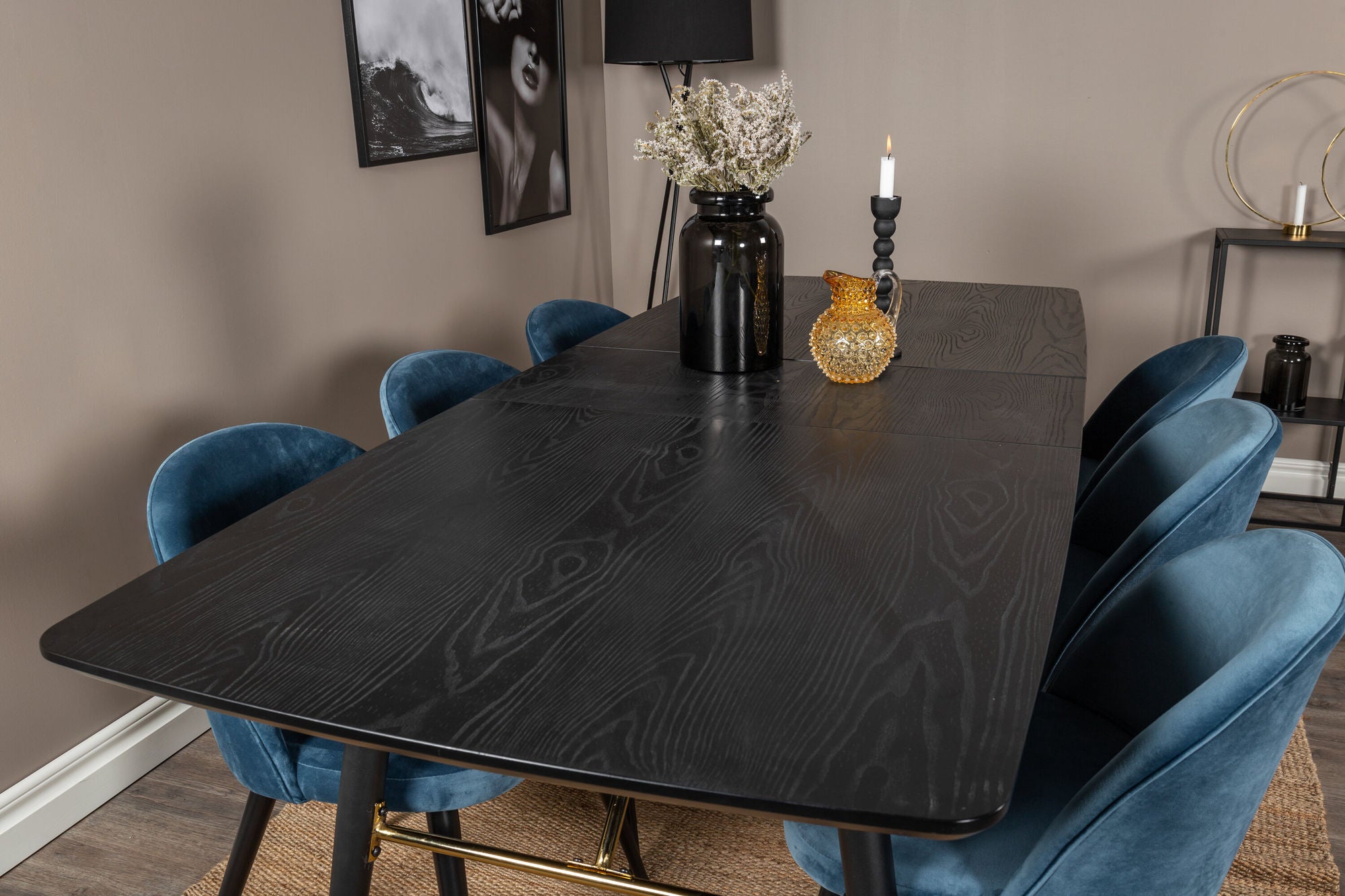 Venture Home Gold Extention bord - 180/220*85*H76 Black Veneer - Black legs - Brass details+Velvet Spisebordsstol - Blue / Black_6