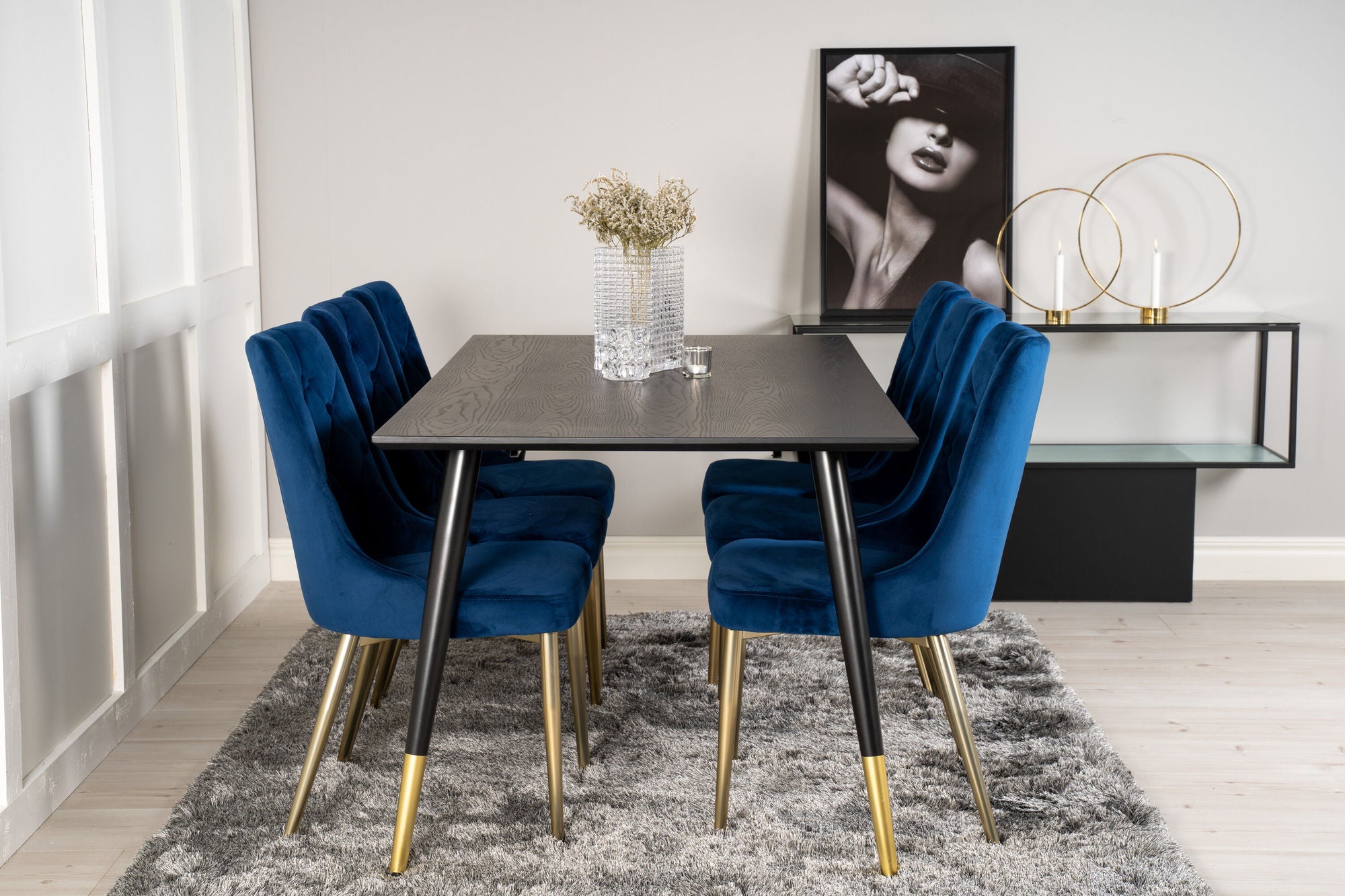 Venture Home Dipp spisebord - 180*90cm - Black Veneer / black legs w brass dipp - Velvet Deluxe stol - Blue/Matt Brass Leg 6
