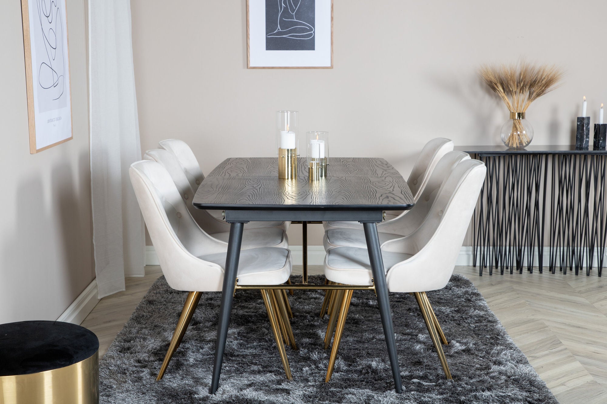 Venture Home Gold Extention bord - 180/220*85*H76 Black Veneer - Black legs - Brass details+Velvet Deluxe Spisebordsstol - Beige / Brass_6