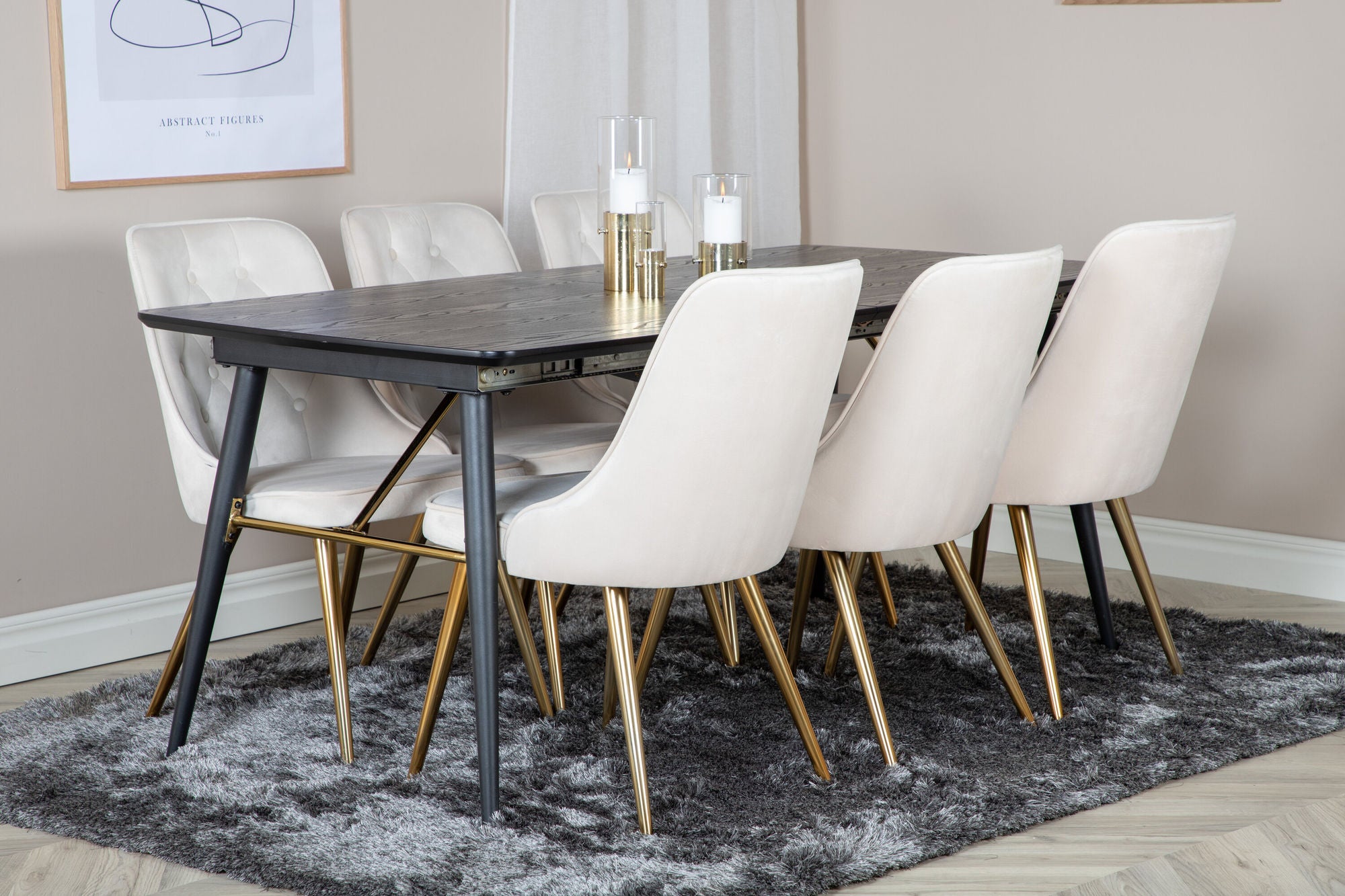 Venture Home Gold Extention bord - 180/220*85*H76 Black Veneer - Black legs - Brass details+Velvet Deluxe Spisebordsstol - Beige / Brass_6