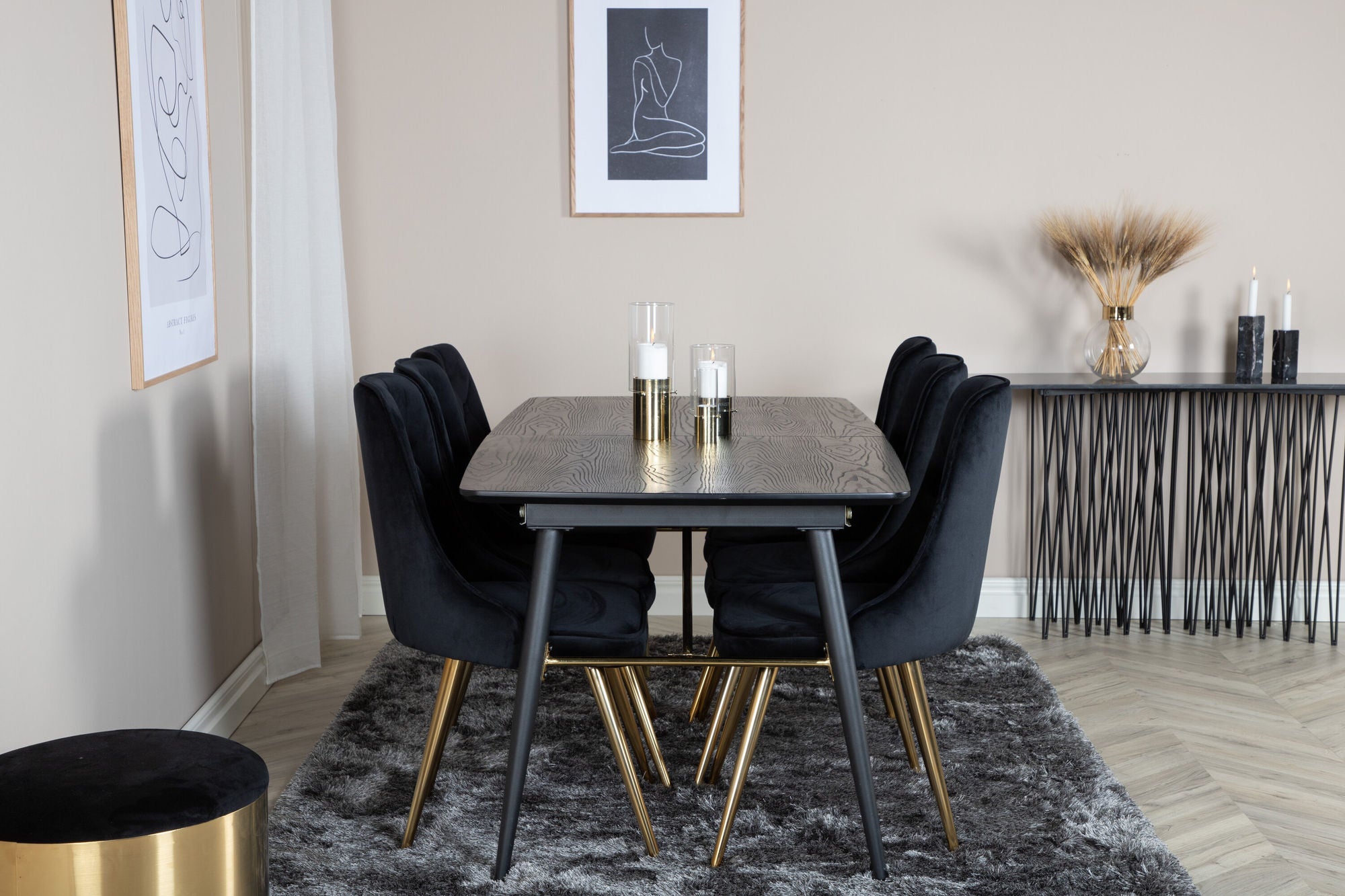 Venture Home Gold Extention bord - 180/220*85*H76 Black Veneer - Black legs - Brass details+Velvet Deluxe Spisebordsstol - Black / Brass_6