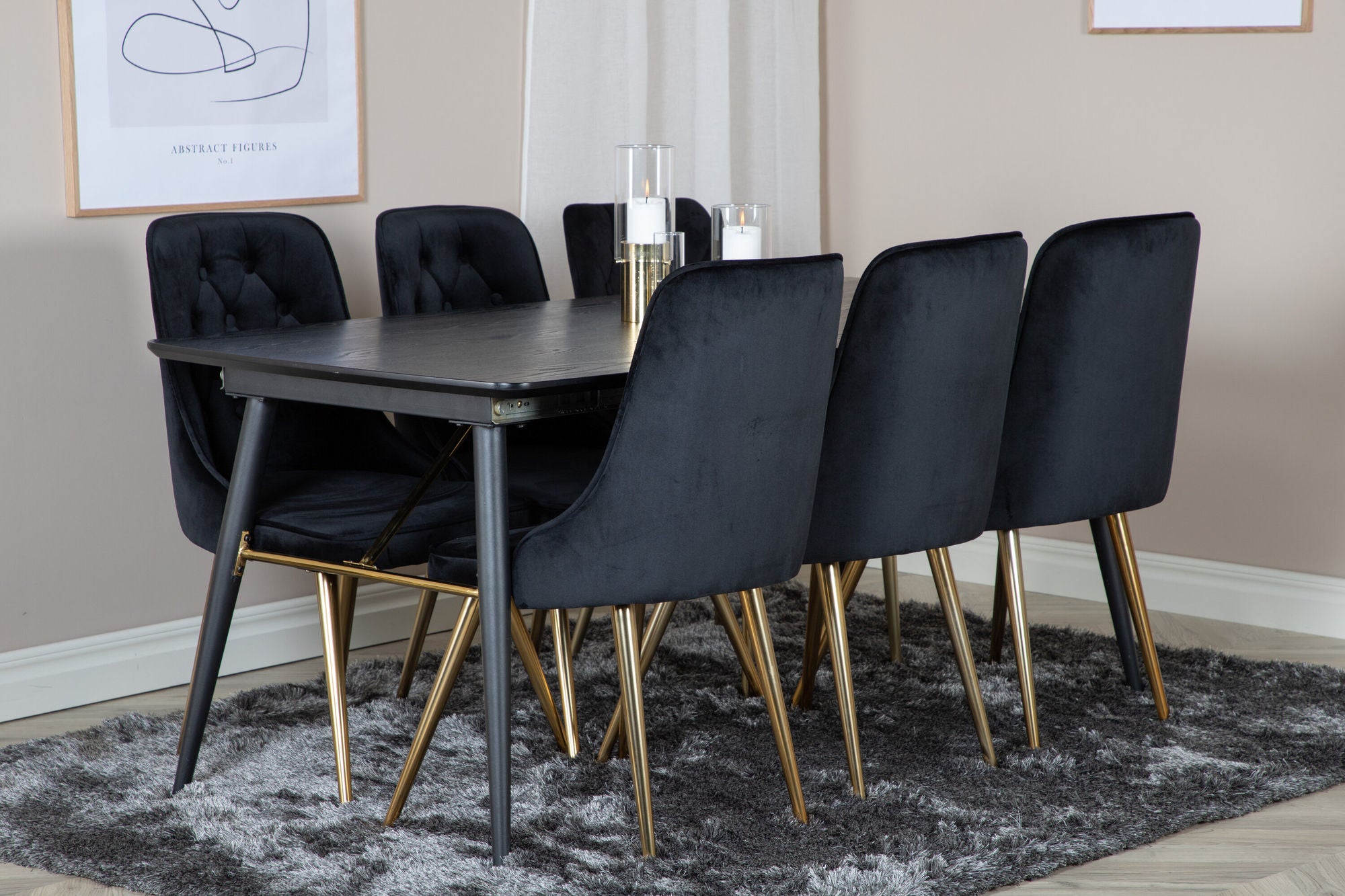Venture Home Gold Extention bord - 180/220*85*H76 Black Veneer - Black legs - Brass details+Velvet Deluxe Spisebordsstol - Black / Brass_6