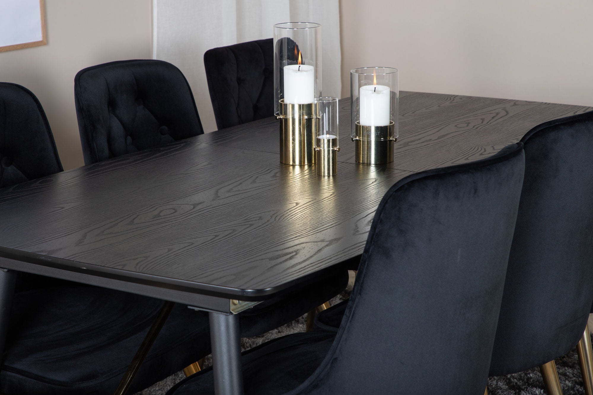 Venture Home Gold Extention bord - 180/220*85*H76 Black Veneer - Black legs - Brass details+Velvet Deluxe Spisebordsstol - Black / Brass_6