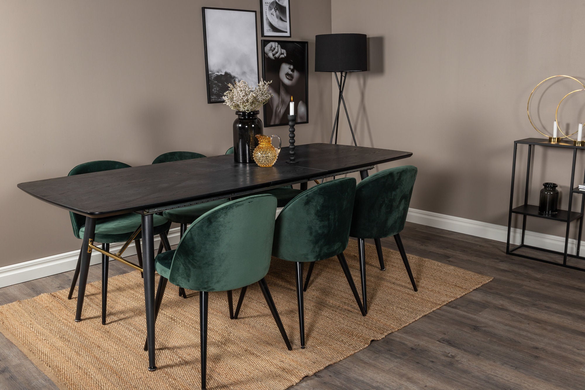 Venture Home Gold Extention bord - 180/220*85*H76 Black Veneer - Black legs - Brass details+Velvet Spisebordsstol - Green / Black_6