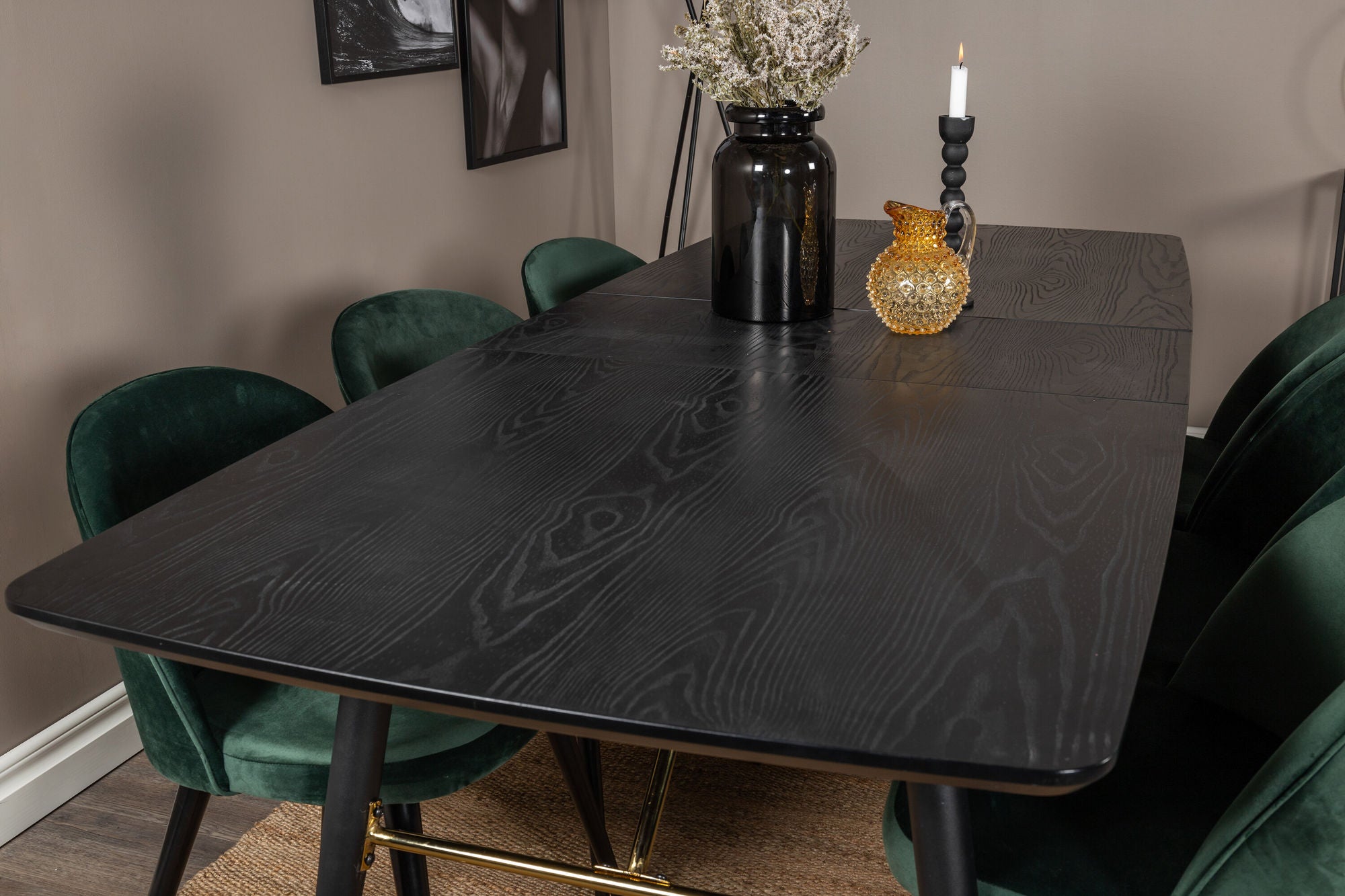 Venture Home Gold Extention bord - 180/220*85*H76 Black Veneer - Black legs - Brass details+Velvet Spisebordsstol - Green / Black_6