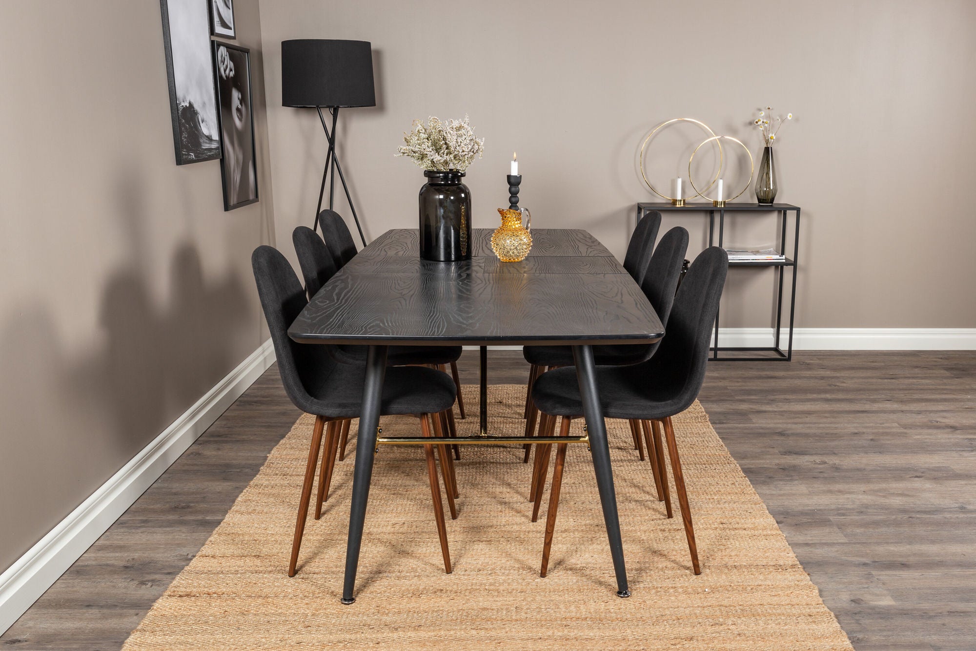 Venture Home Gold Extention bord - 180/220*85*H76 Black Veneer - Black legs - Brass details+Polar Spisebordsstol - Walnut Legs - Black Fabric_6