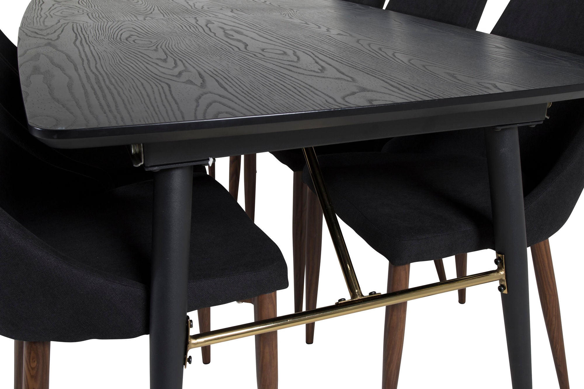 Venture Home Gold Extention bord - 180/220*85*H76 Black Veneer - Black legs - Brass details+Leone Spisebordsstol - Walnut legs - Black Fabric_6