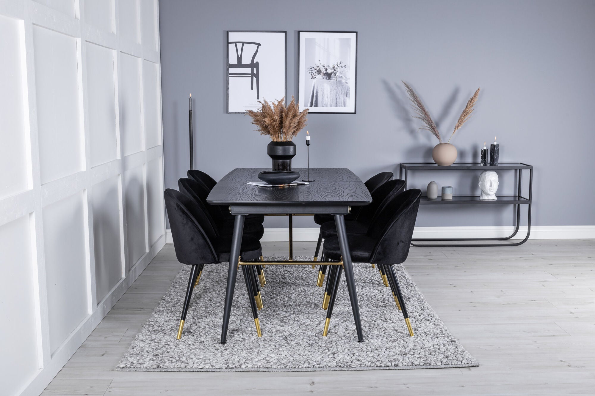 Venture Home Gold Extention bord - 180/220*85*H76 Black Veneer - Black legs - Brass details+Velvet Spisebordsstol Brass - Black / Black_6
