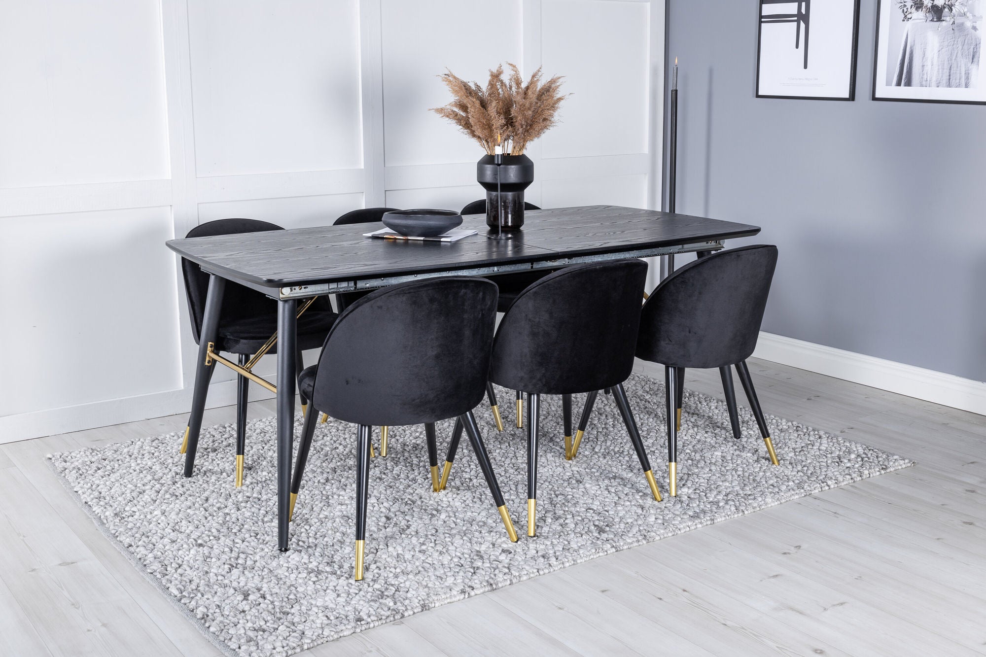 Venture Home Gold Extention bord - 180/220*85*H76 Black Veneer - Black legs - Brass details+Velvet Spisebordsstol Brass - Black / Black_6