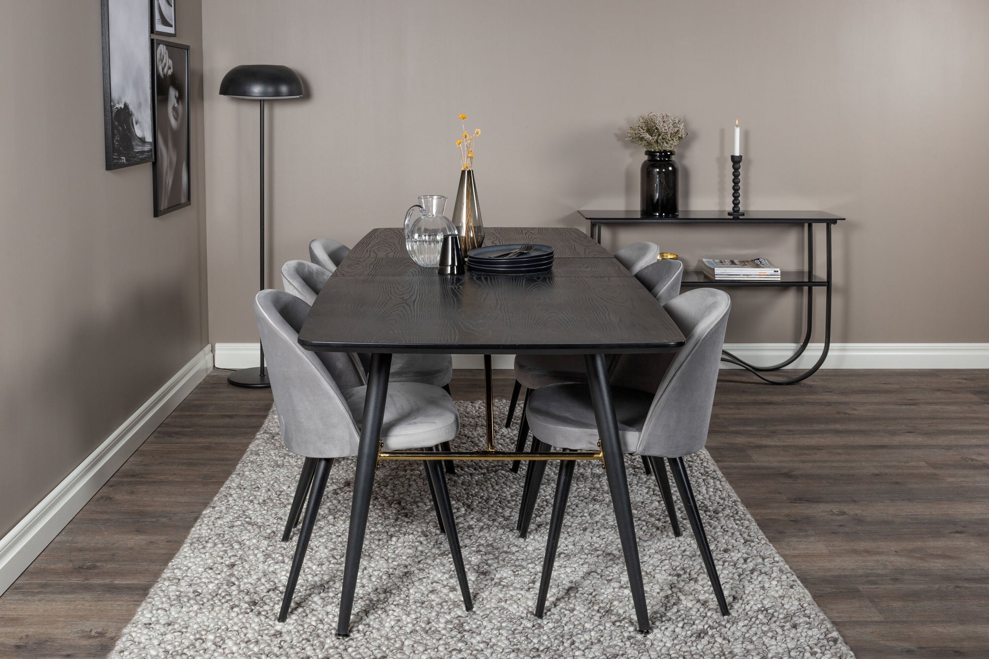 Venture Home Gold Extention bord - 180/220*85*H76 Black Veneer - Black legs - Brass details+Velvet Spisebordsstol - Light Grey / Black_6