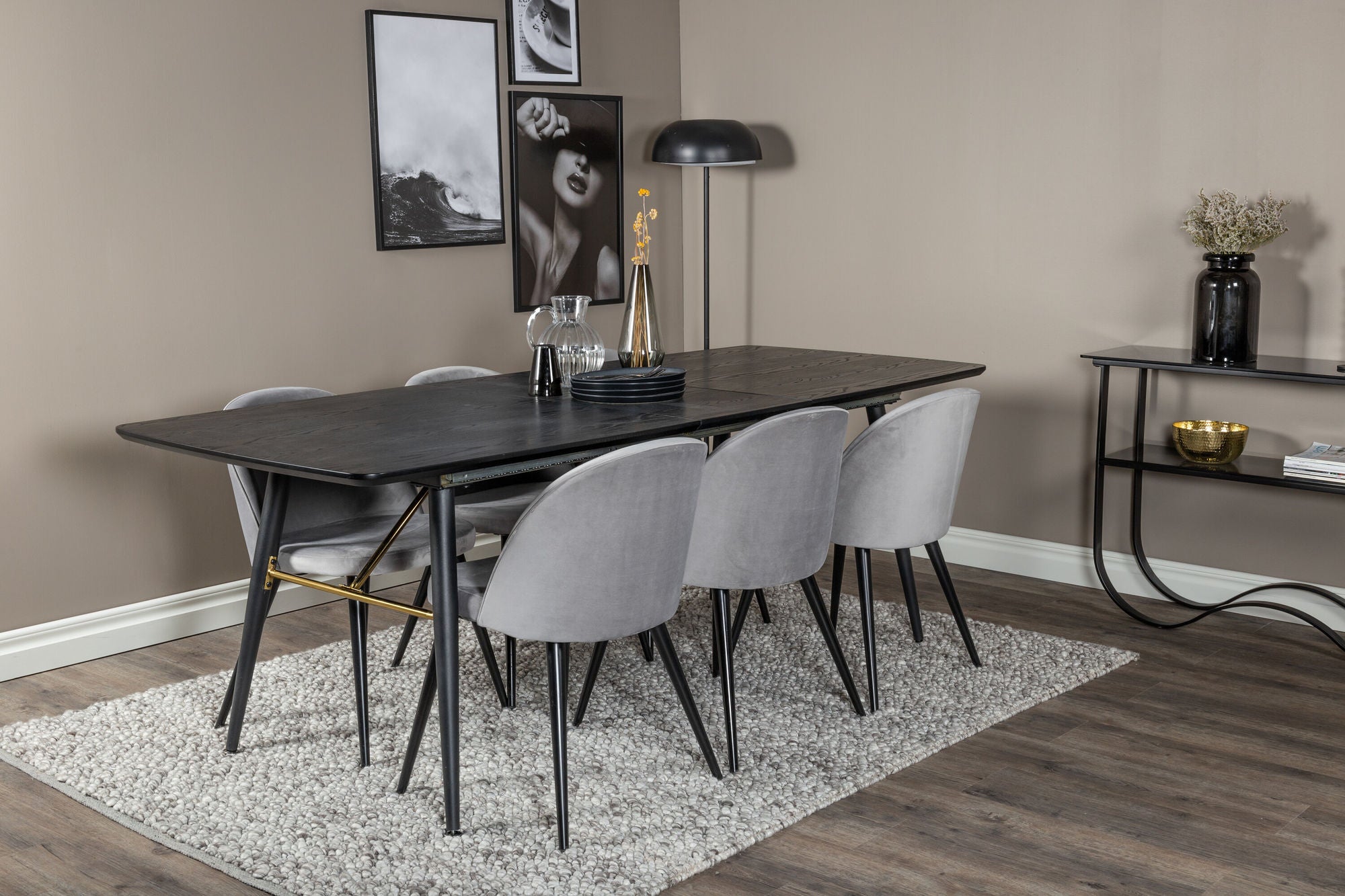 Venture Home Gold Extention bord - 180/220*85*H76 Black Veneer - Black legs - Brass details+Velvet Spisebordsstol - Light Grey / Black_6