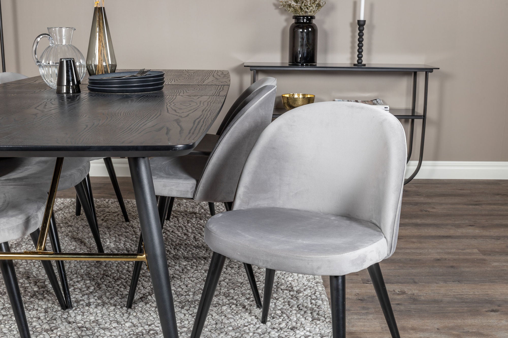 Venture Home Gold Extention bord - 180/220*85*H76 Black Veneer - Black legs - Brass details+Velvet Spisebordsstol - Light Grey / Black_6