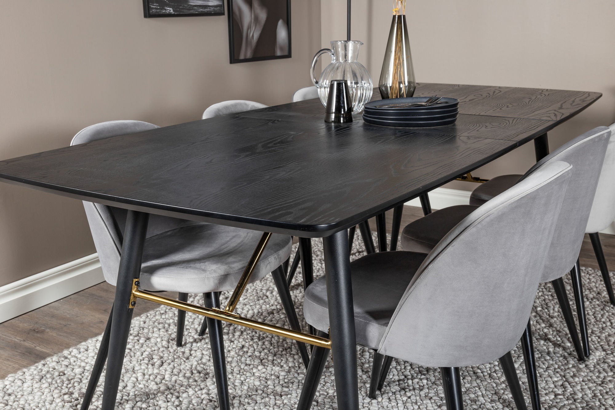 Venture Home Gold Extention bord - 180/220*85*H76 Black Veneer - Black legs - Brass details+Velvet Spisebordsstol - Light Grey / Black_6