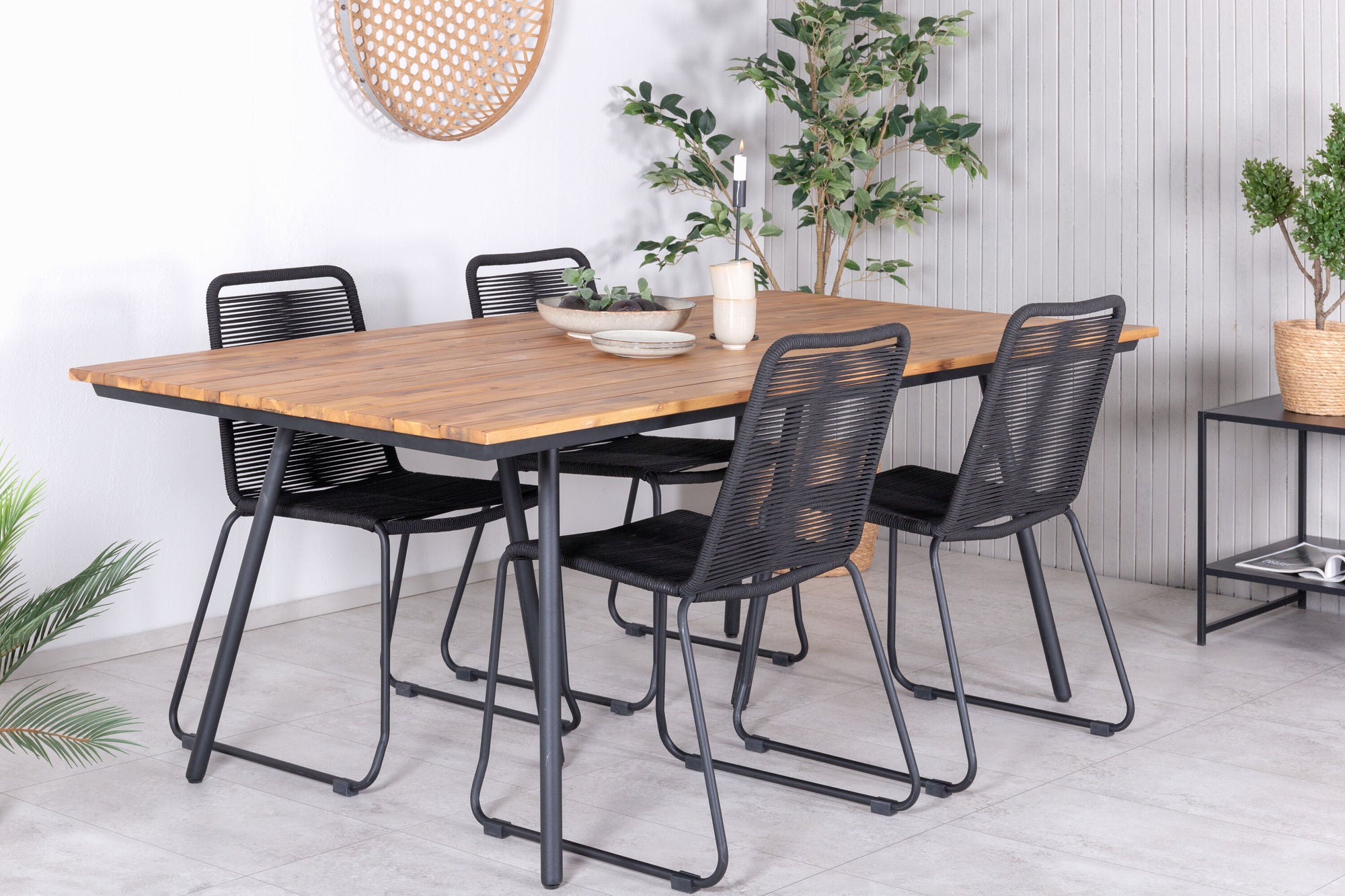 Venture Home Chan spisebord - Black Steel / Acacia (teak look) - 200cm+Lindos Stacking stol - Black Alu / Black Rope_4