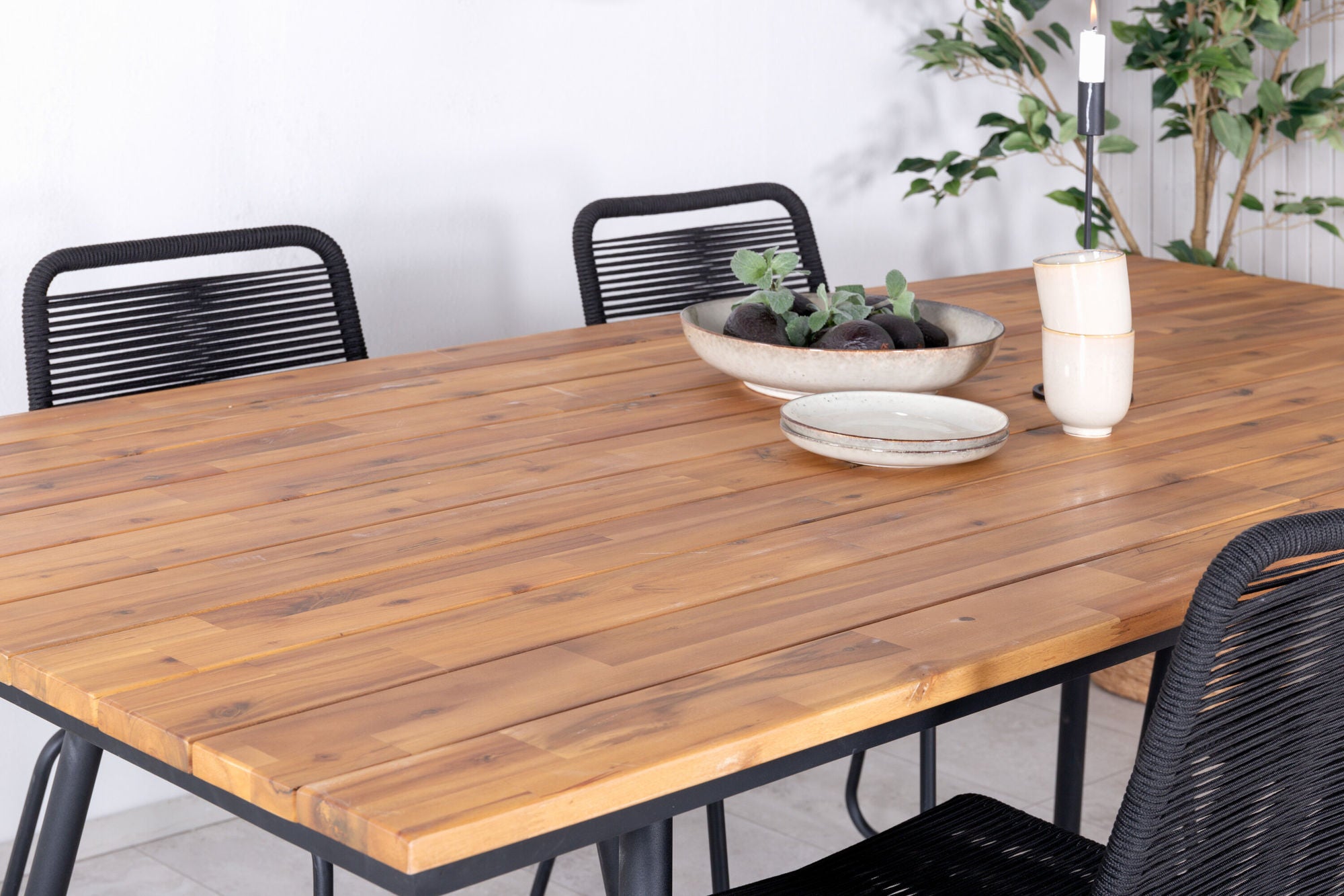 Venture Home Chan spisebord - Black Steel / Acacia (teak look) - 200cm+Lindos Stacking stol - Black Alu / Black Rope_4