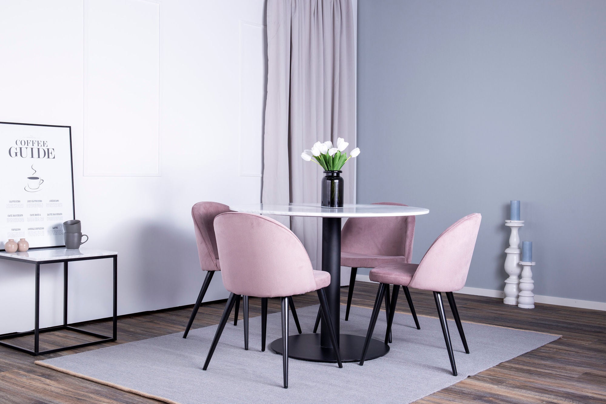 Venture Home Estelle runt Matbord - Svart / Vit marmor - ø106*H75+Velvet matstol - Manchester