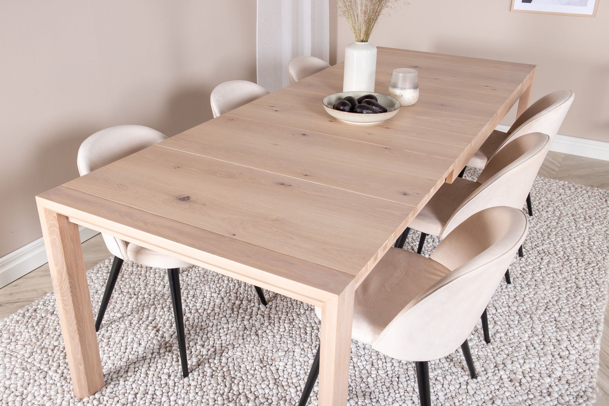 Venture Home Slider Extention bord - White Wash - 170+40+40cm +Velvet Spisebordsstol - Beige