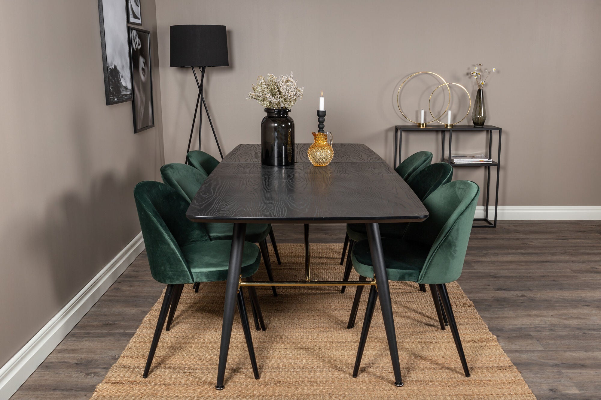 Venture Home Gold Extention bord - 180/220*85*H76 Black Veneer - Black legs - Brass details+Velvet Spisebordsstol - Green / Black_6