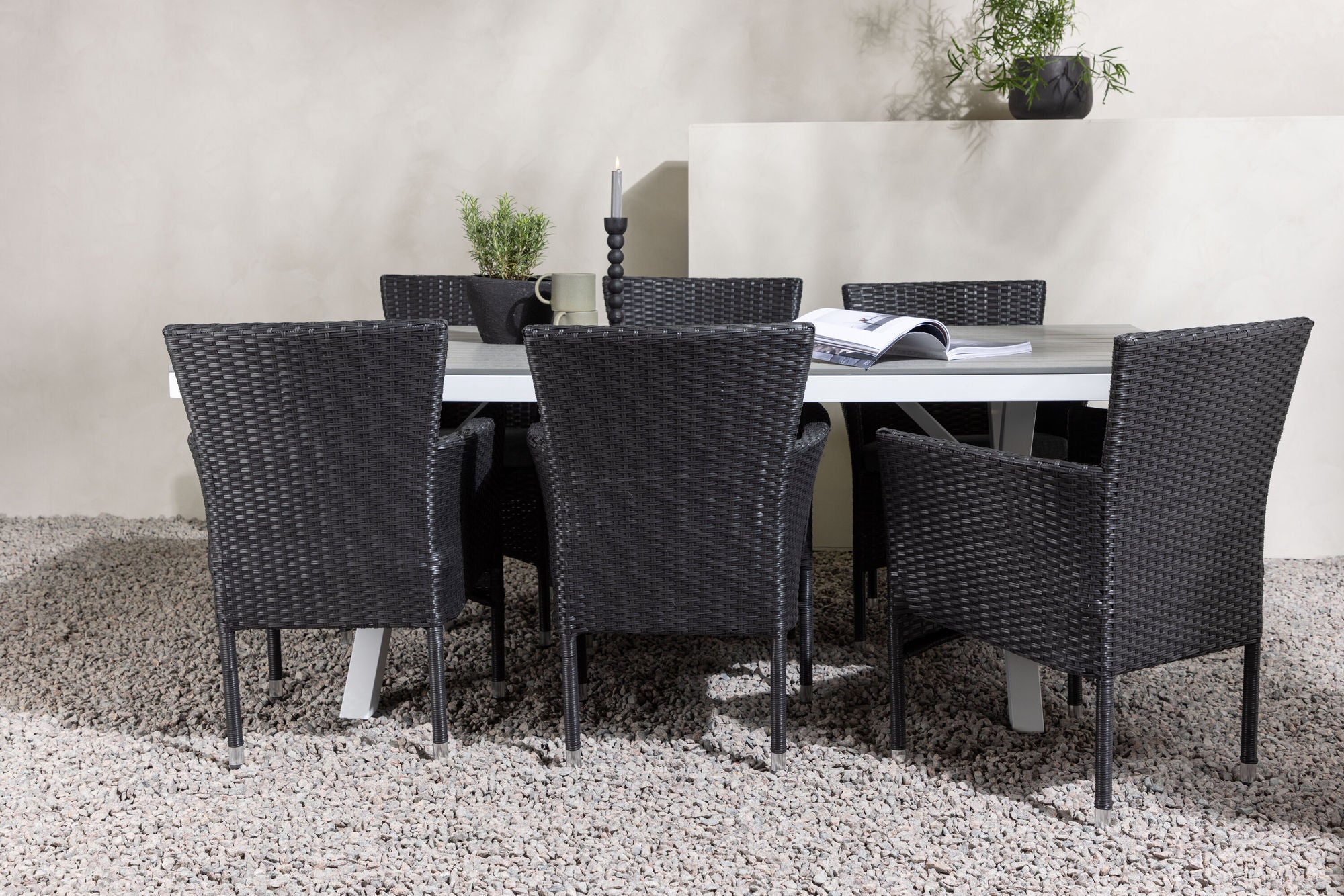 Venture Home Garcia Diningbord Alumnium - White / Light Grey Aintwood / Rectangular 100*200* +Malina Diningchair Alumnium - Black / Wicker _6