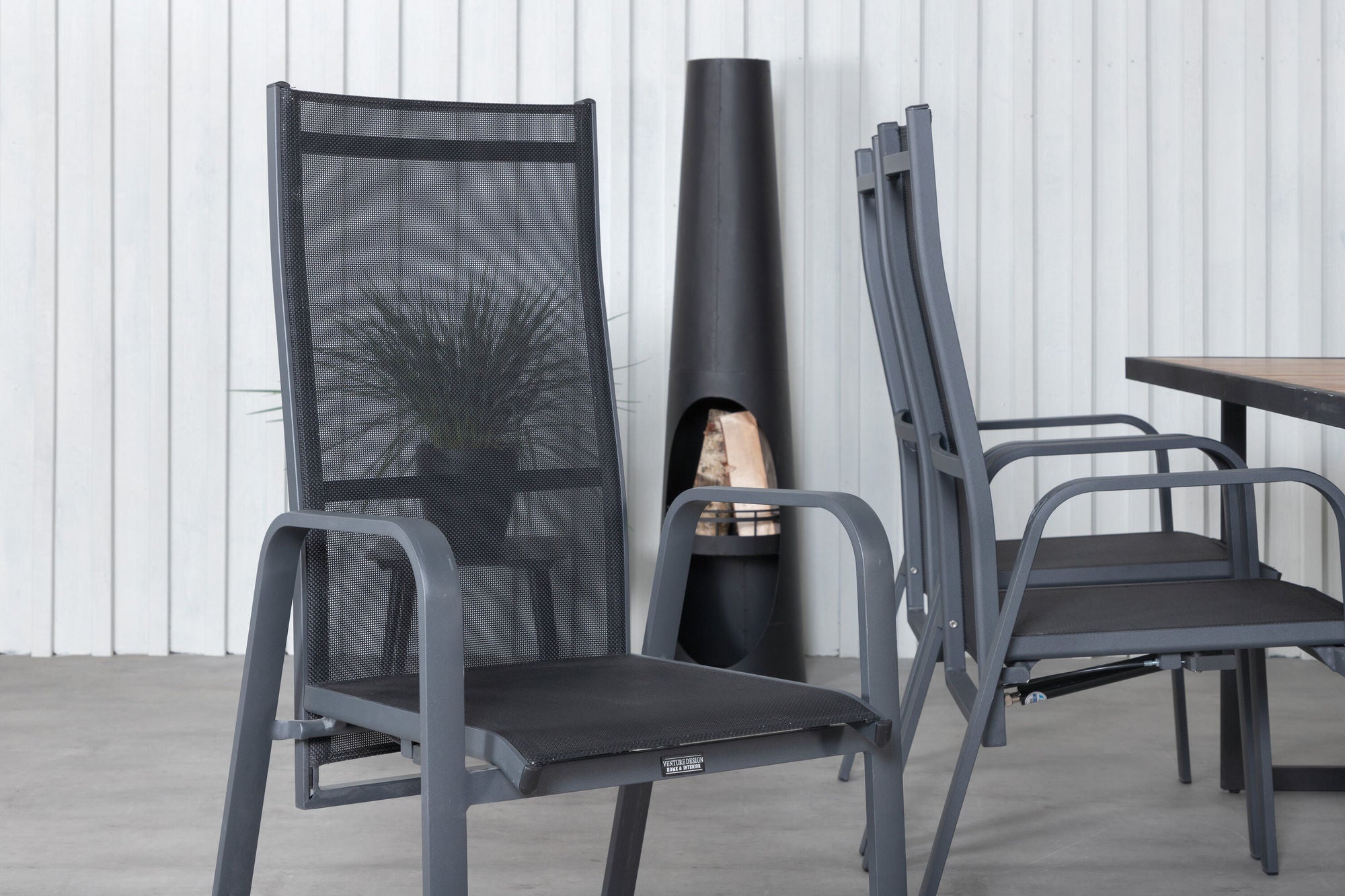 Venture Home Khung spisebord - Black Steel / Acacia (teklook) - 200*100cm+Copacabana Recliner stol - Black/Black_6