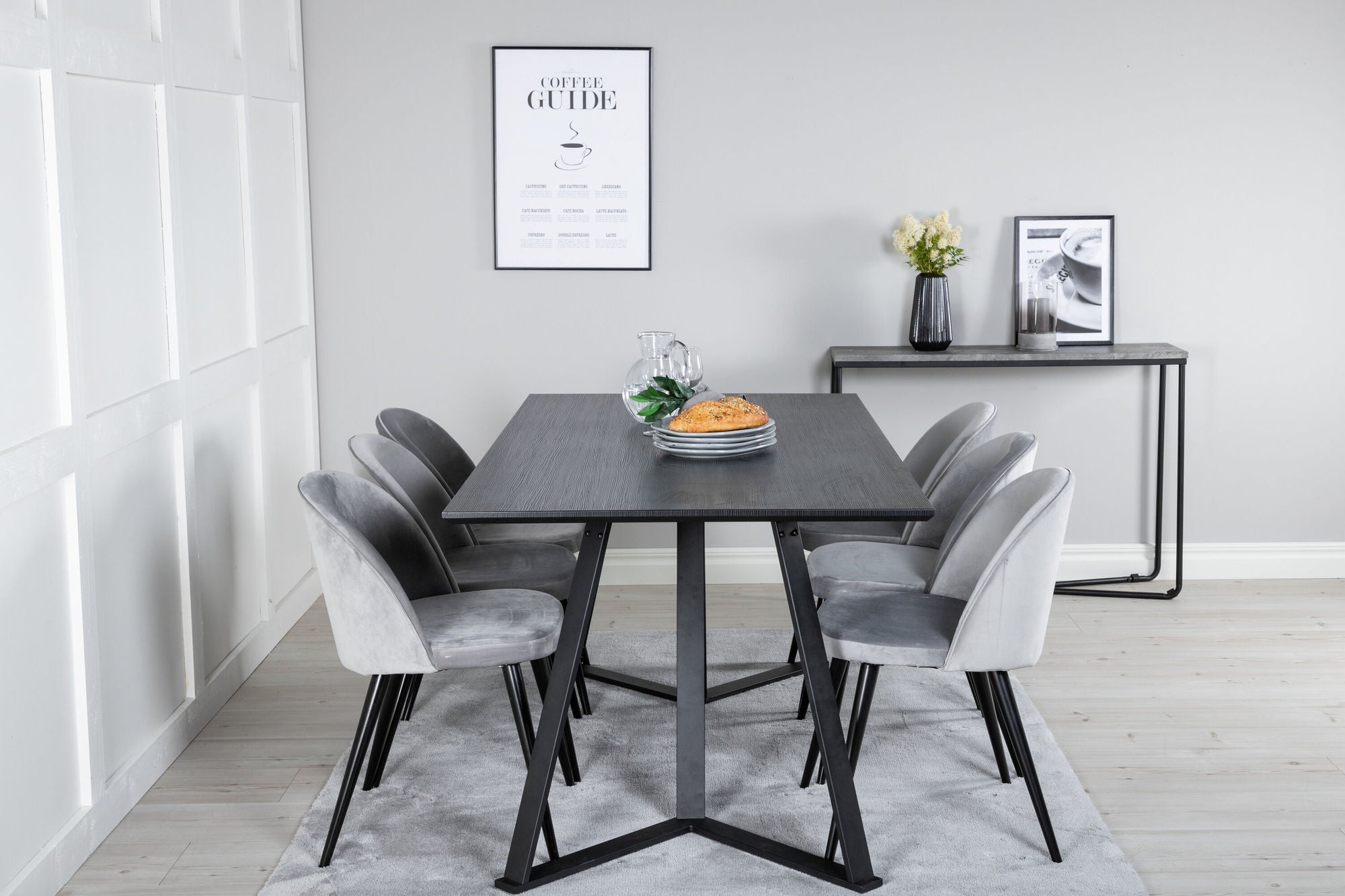 Venture Home Marina spisebord - Black top / Black Legs +Velvet Spisebordsstol - Light Grey / Black_6
