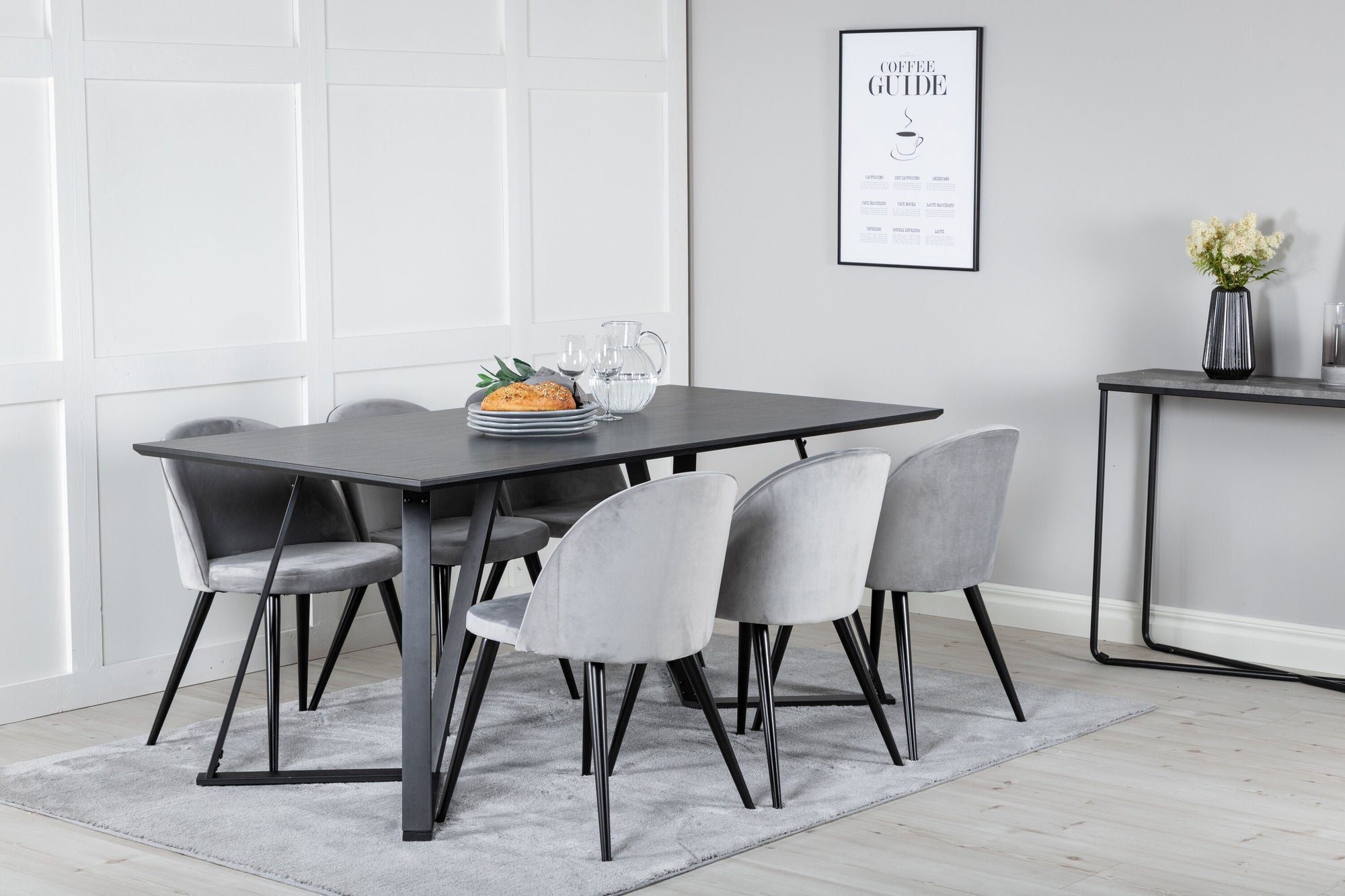 Venture Home Marina spisebord - Black top / Black Legs +Velvet Spisebordsstol - Light Grey / Black_6