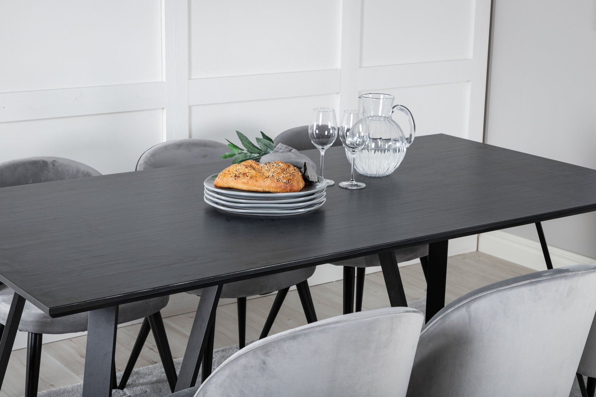 Venture Home Marina spisebord - Black top / Black Legs +Velvet Spisebordsstol - Light Grey / Black_6