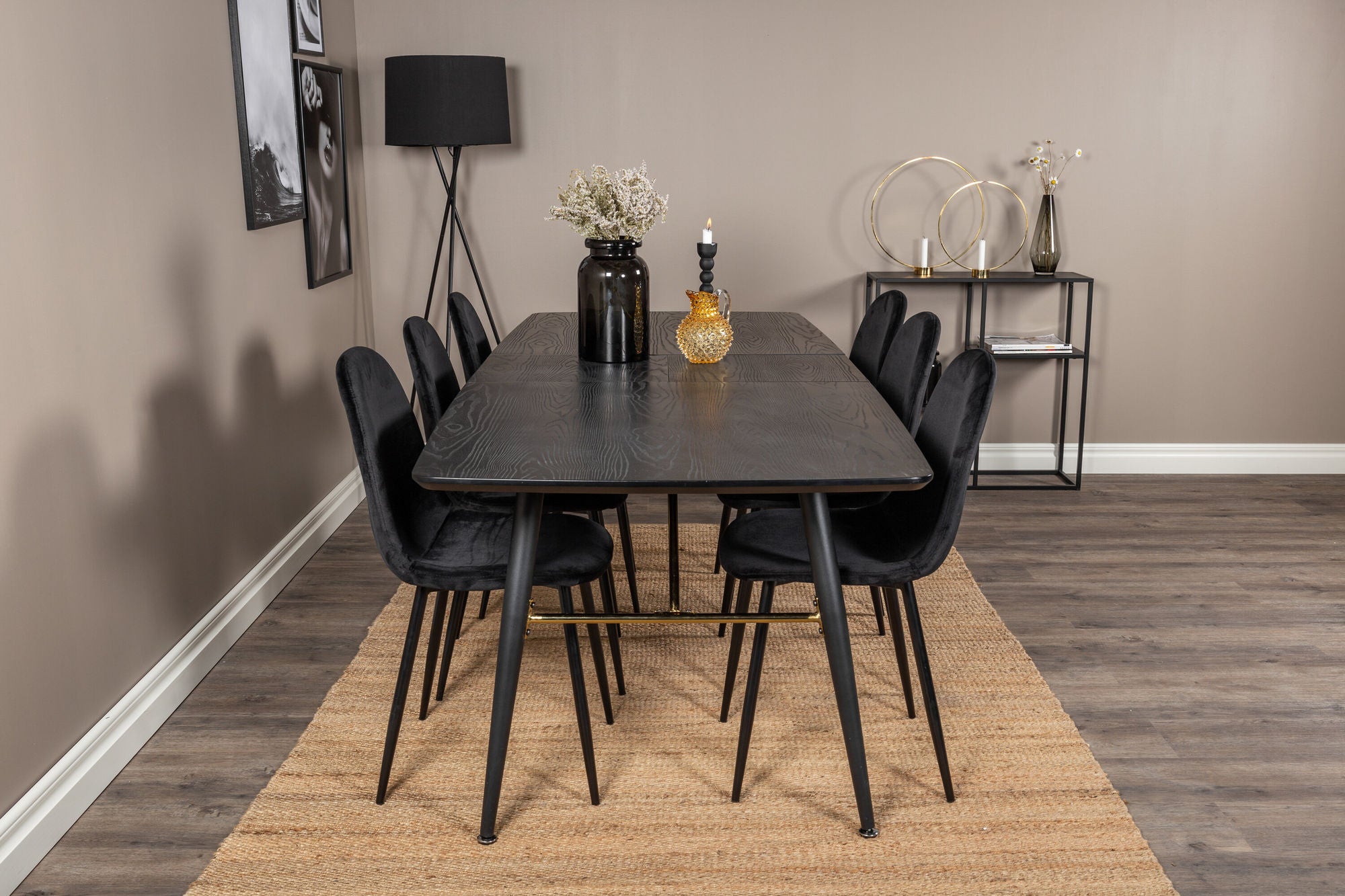 Venture Home Gold Extention bord - 180/220*85*H76 Black Veneer - Black legs - Brass details+Polar Spisebordsstol - Black legs / Black Velvet (ersätter 19902-888)_6