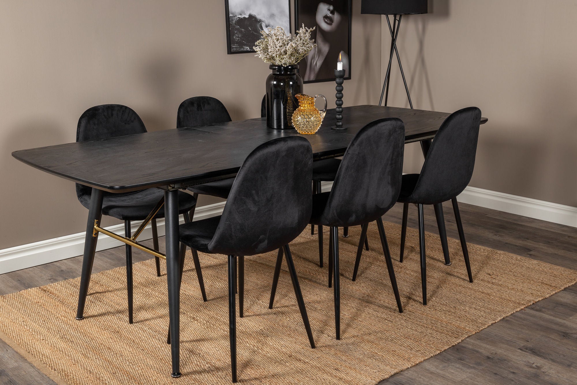 Venture Home Gold Extention bord - 180/220*85*H76 Black Veneer - Black legs - Brass details+Polar Spisebordsstol - Black legs / Black Velvet (ersätter 19902-888)_6