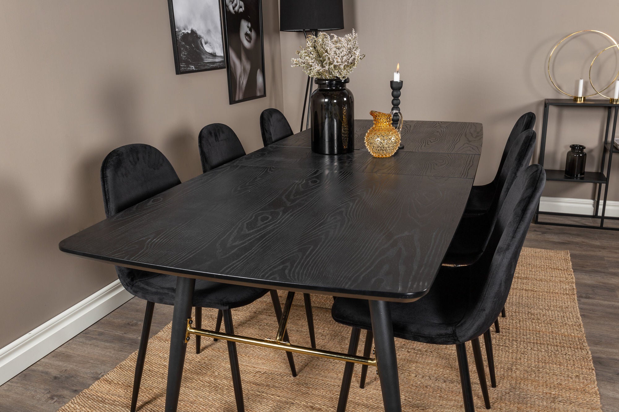 Venture Home Gold Extention bord - 180/220*85*H76 Black Veneer - Black legs - Brass details+Polar Spisebordsstol - Black legs / Black Velvet (ersätter 19902-888)_6