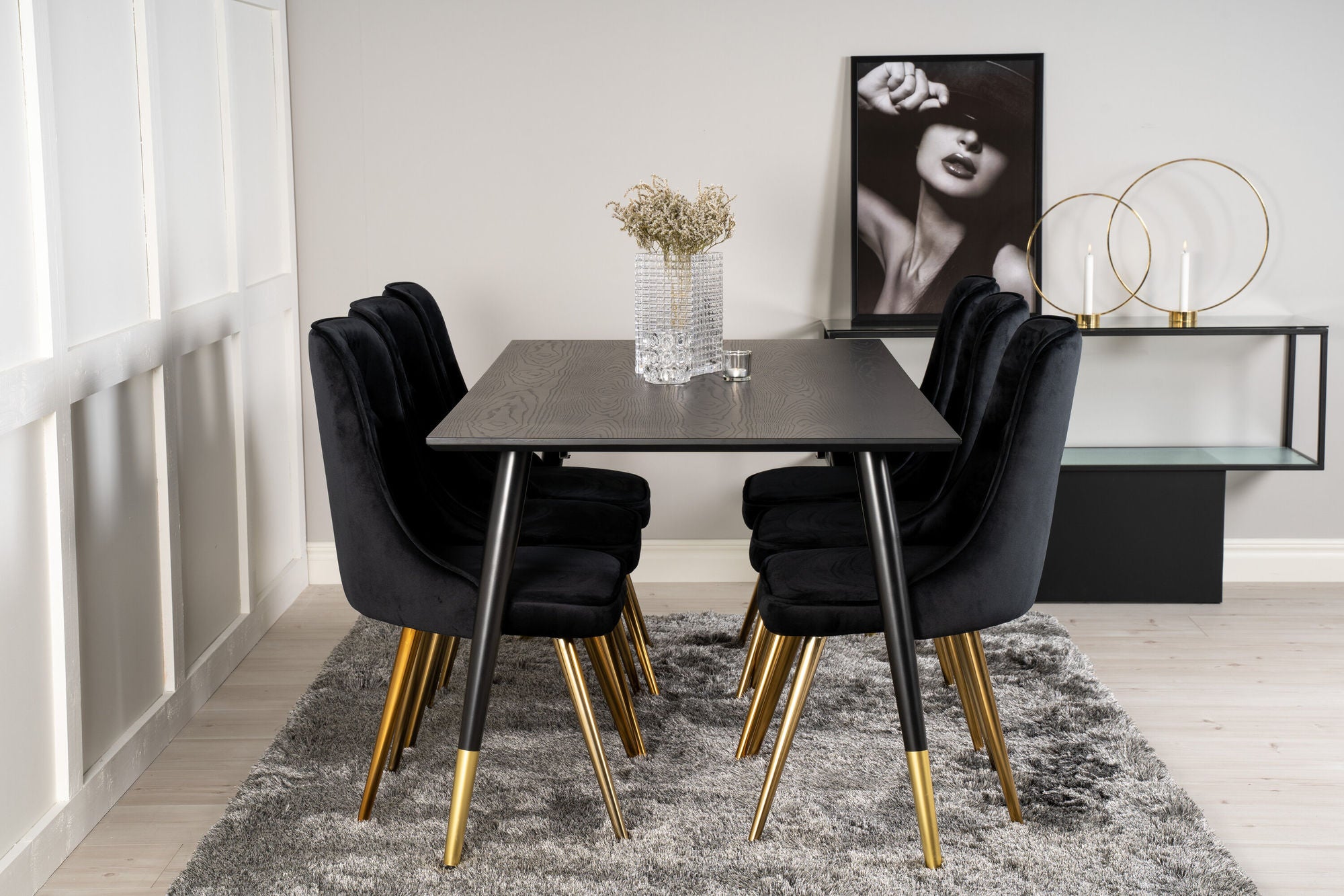 Venture Home Dipp spisebord - 180*90cm - Black Veneer / black legs w brass dipp - Velvet Deluxe stol - Black/Matt Brass Leg 6