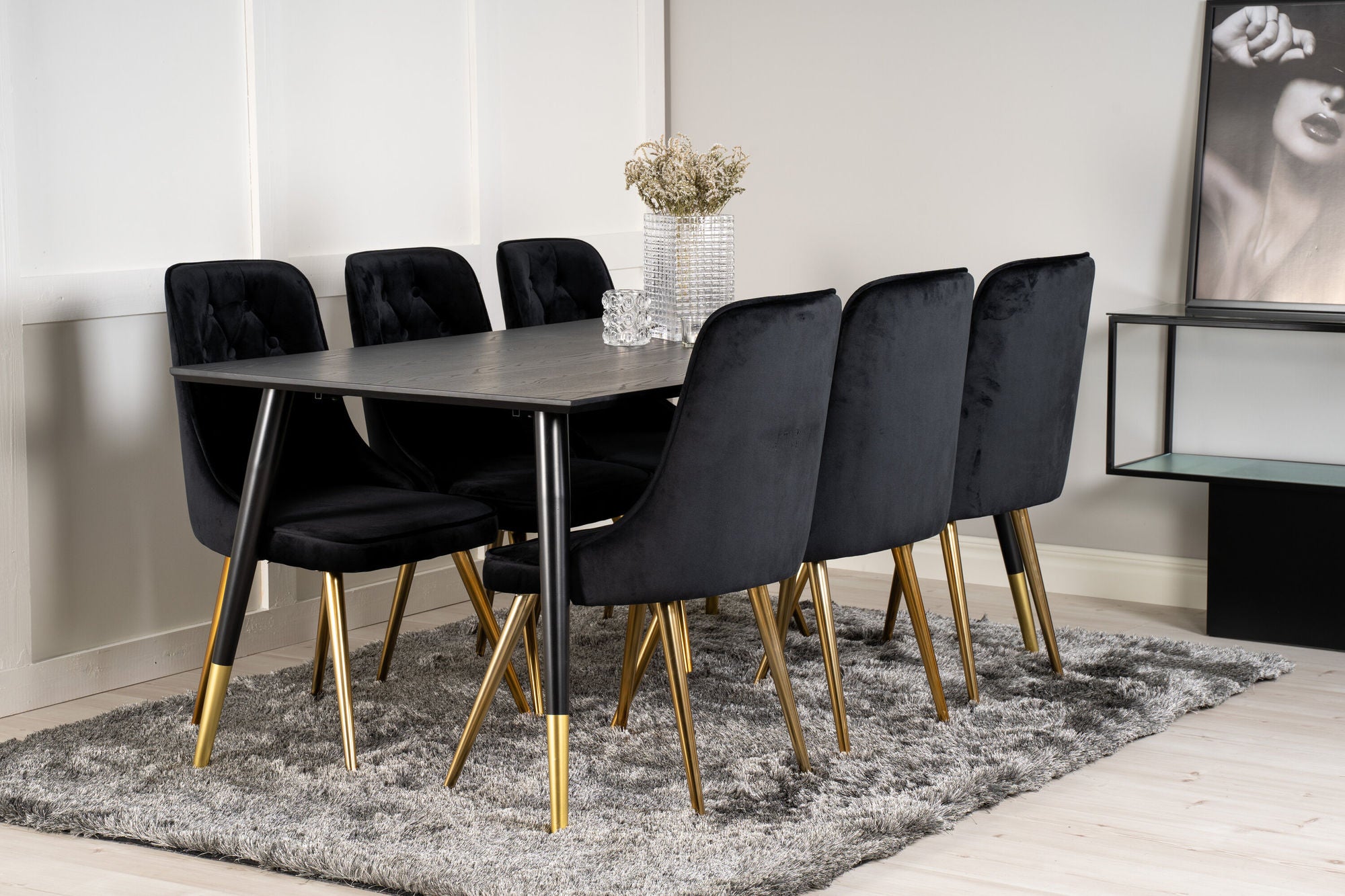 Venture Home Dipp spisebord - 180*90cm - Black Veneer / black legs w brass dipp - Velvet Deluxe stol - Black/Matt Brass Leg 6