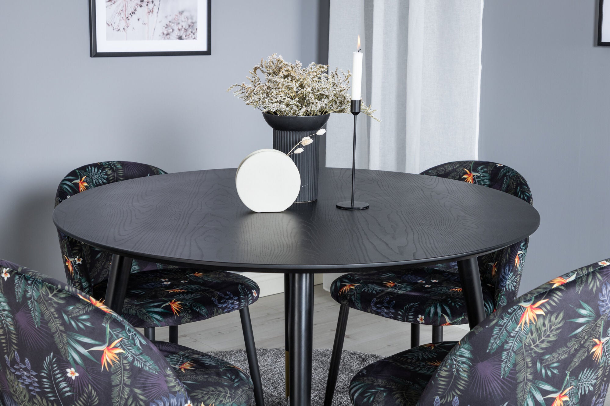 Venture Home Dipp spisebord - 115cm - Black / Black Brass+Velvet Spisebordsstol - Black Flower fabric_4