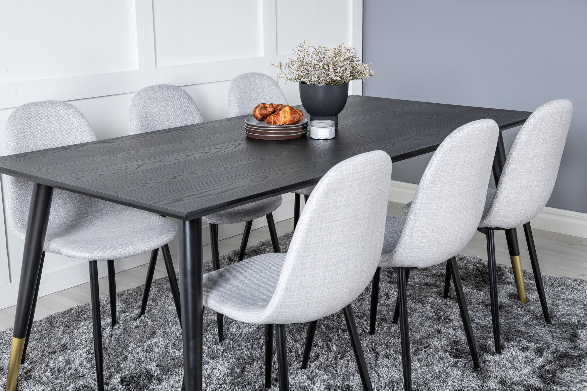 Venture Home Dipp spisebord - 180*90cm - Black / Black Brass+Polar Spisebordsstol - Black Legs - Light Grey Fabric_6