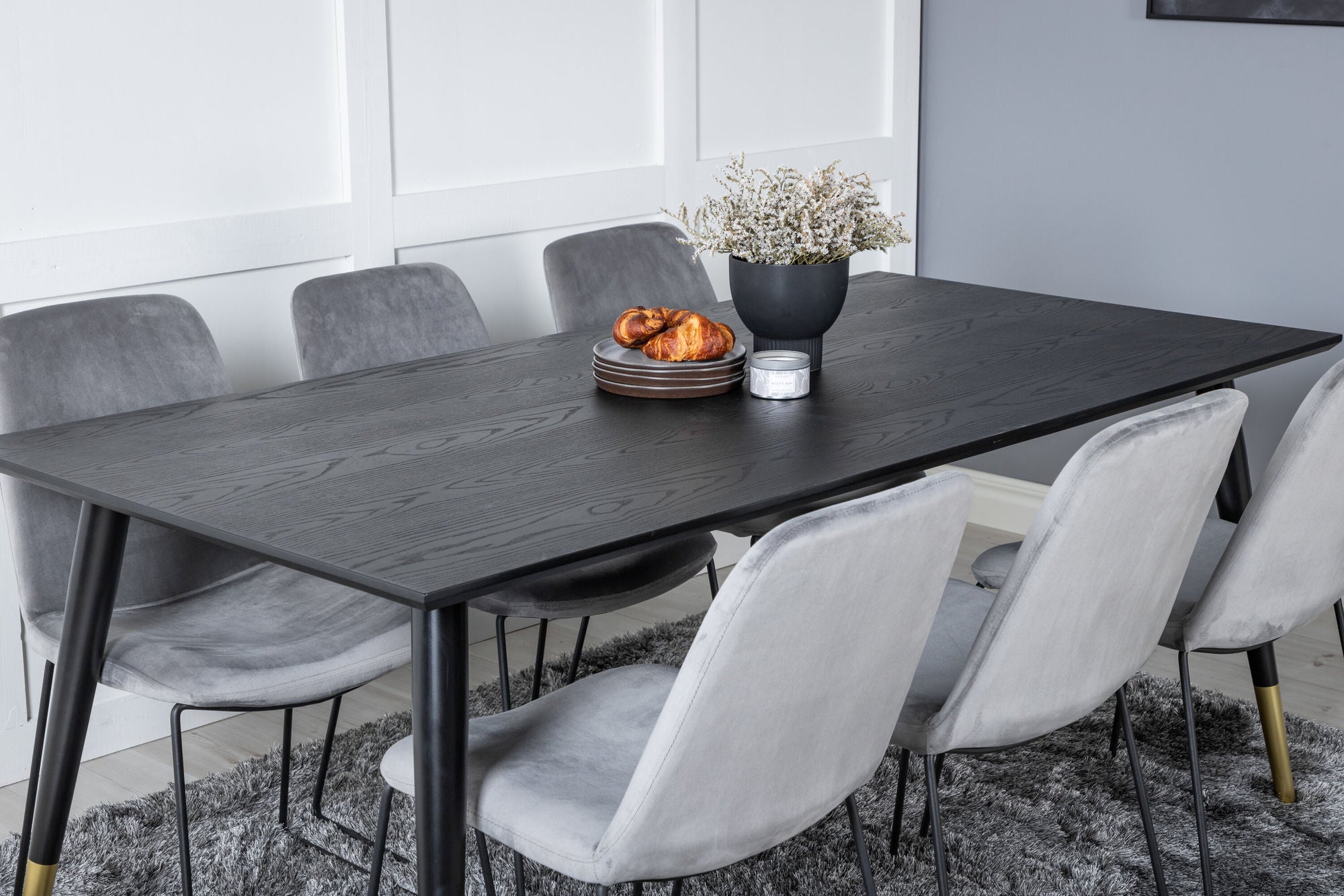 Venture Home Dipp spisebord - 180*90cm - Black / Black Brass+Muce Spisebordsstol - Black Legs - Grey Velvet_6