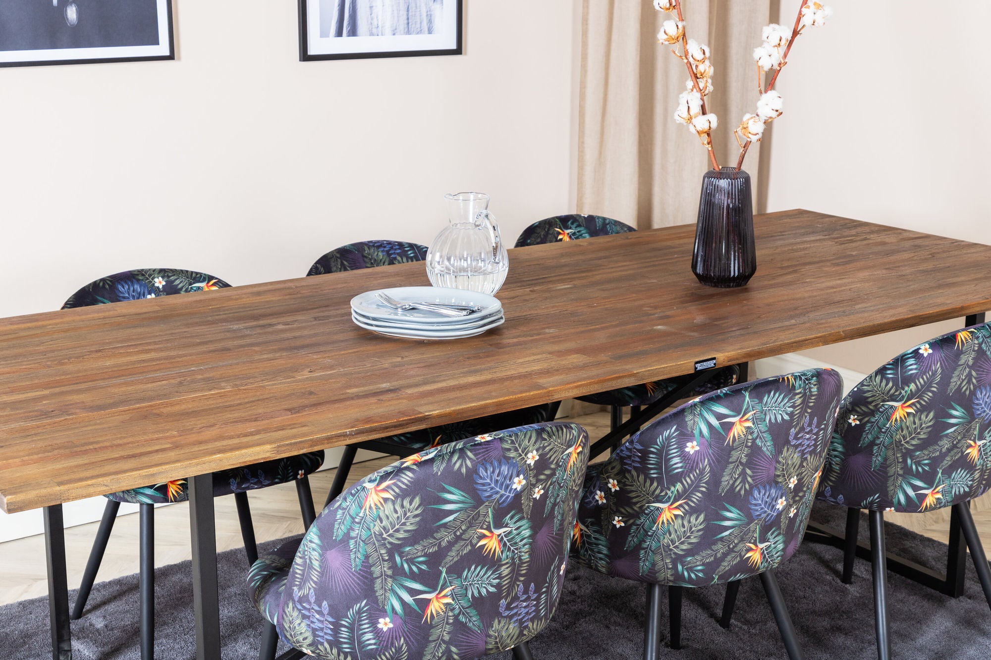 Venture Home Padang spisebord - 250*100*H76 - Dark Teak / Black+Velvet Spisebordsstol - Black Flower fabric_6