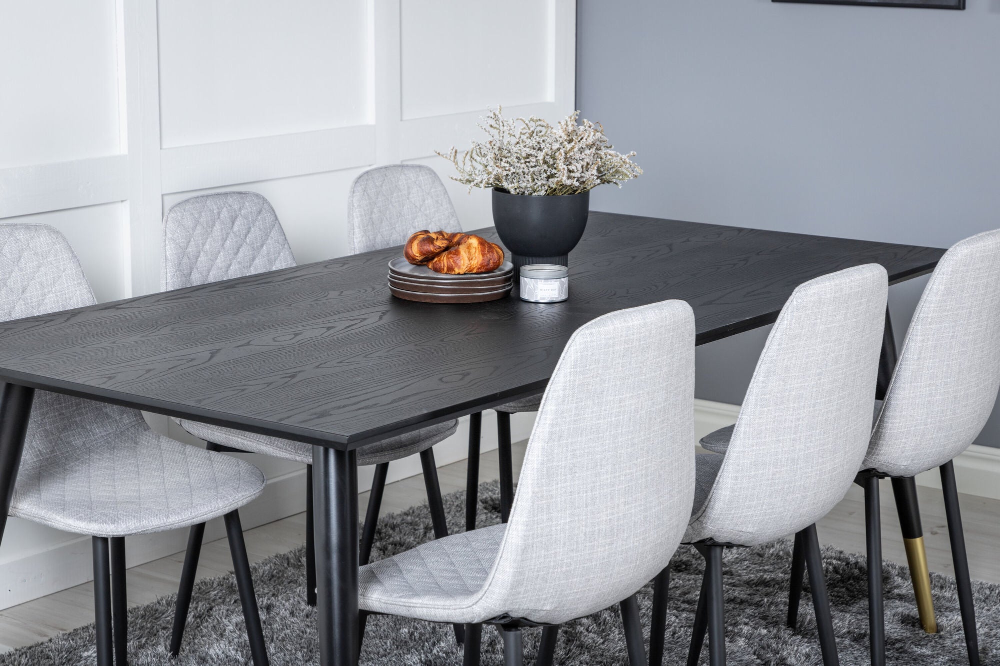 Venture Home Dipp spisebord - 180*90cm - Black / Black Brass+Polar Diamond Spisebordsstol - Black Legs - Grey Fabric_6