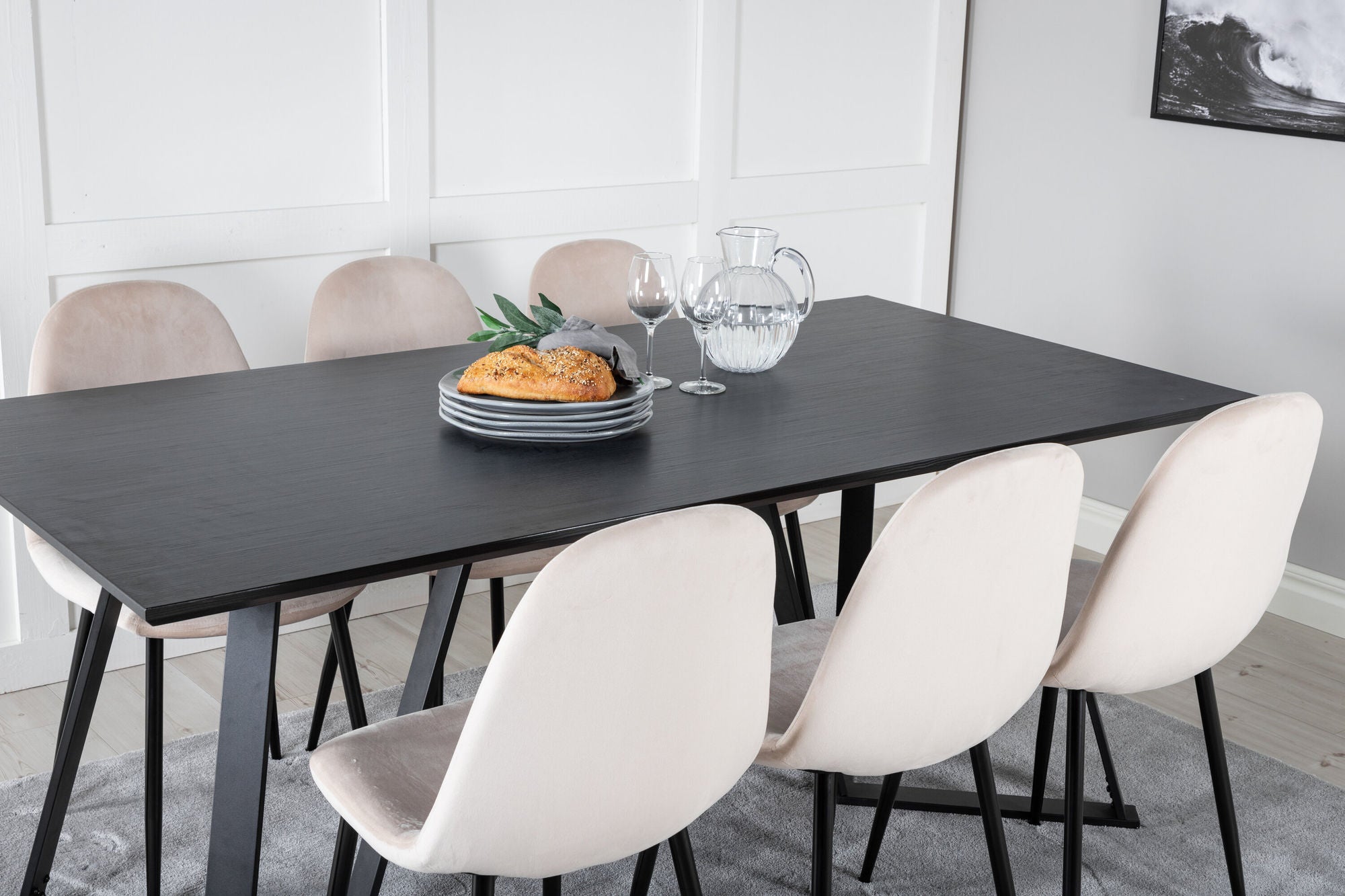Venture Home Marina spisebord - Black top / Black Legs +Polar Spisebordsstol- Black legs / Beige Velvet (ersätter 19902-880)_6