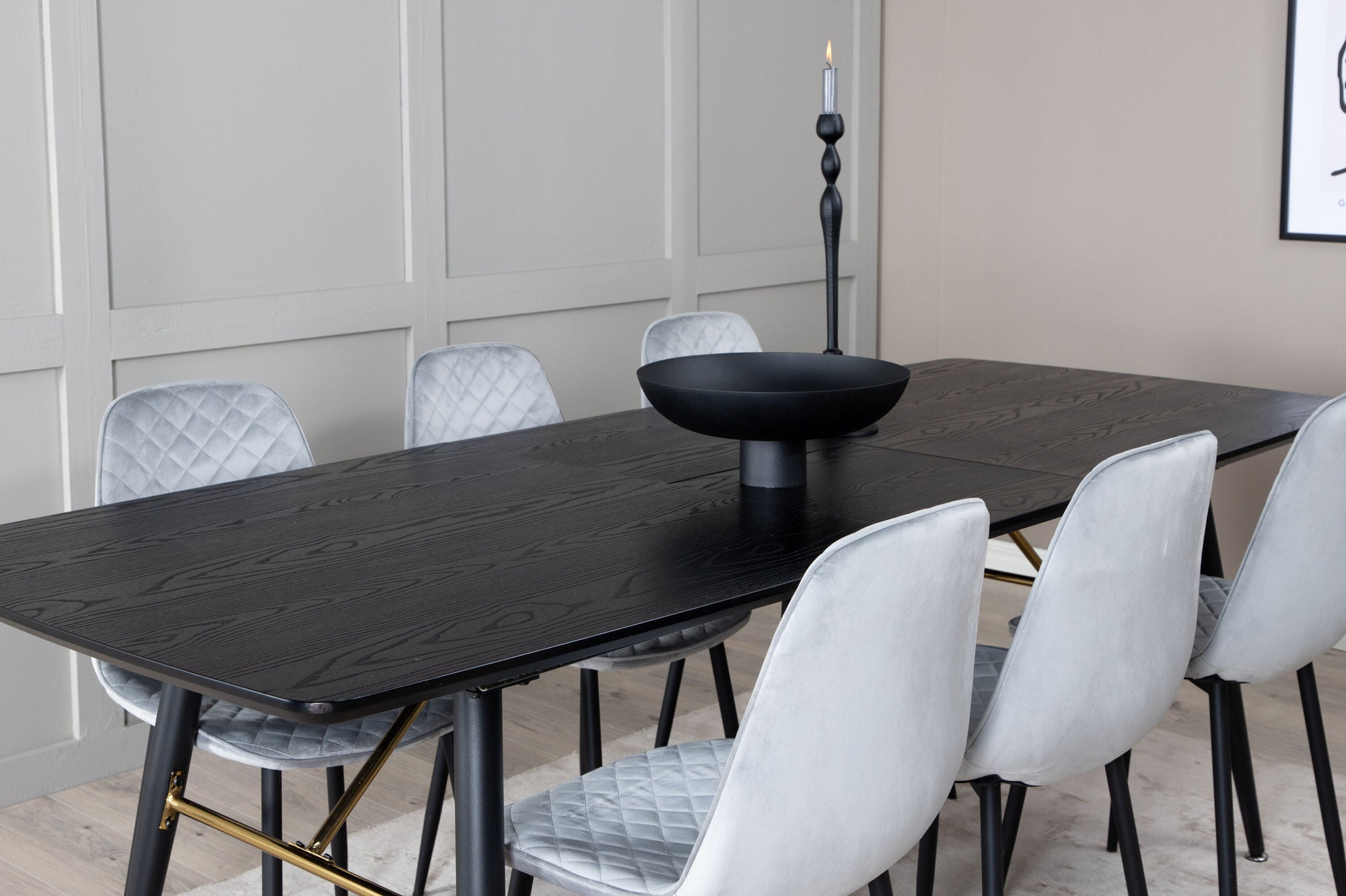 Venture Home Gold Extention bord - 180/220*85*H76 Black Veneer - Black legs - Brass details+Polar Diamond Spisebordsstol - Black Legs - Grey Velvet_6