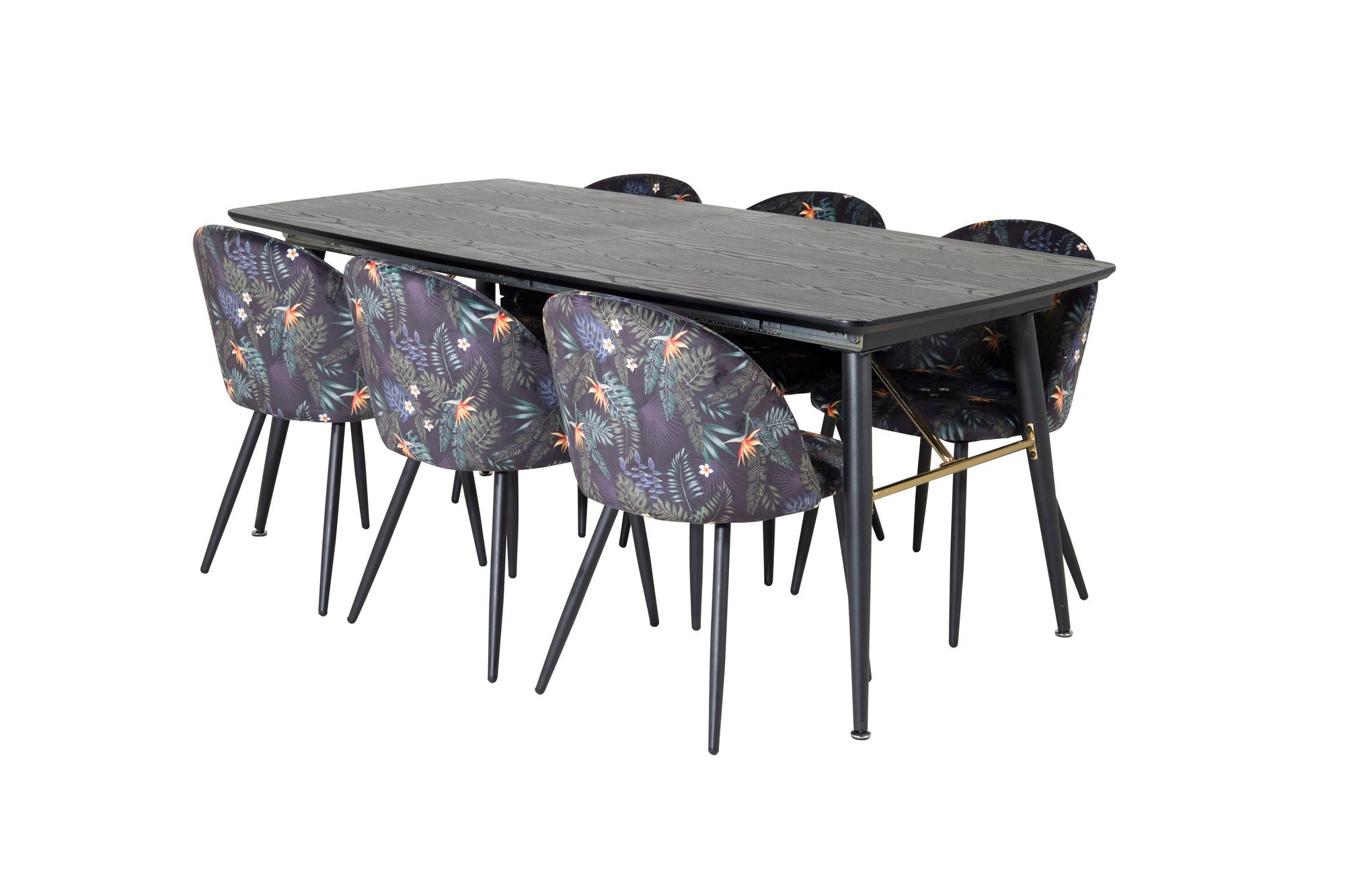 Venture Home Gold Extention bord - 180/220*85*H76 Black Veneer - Black legs - Brass details+Velvet Spisebordsstol - Black Flower fabric_6