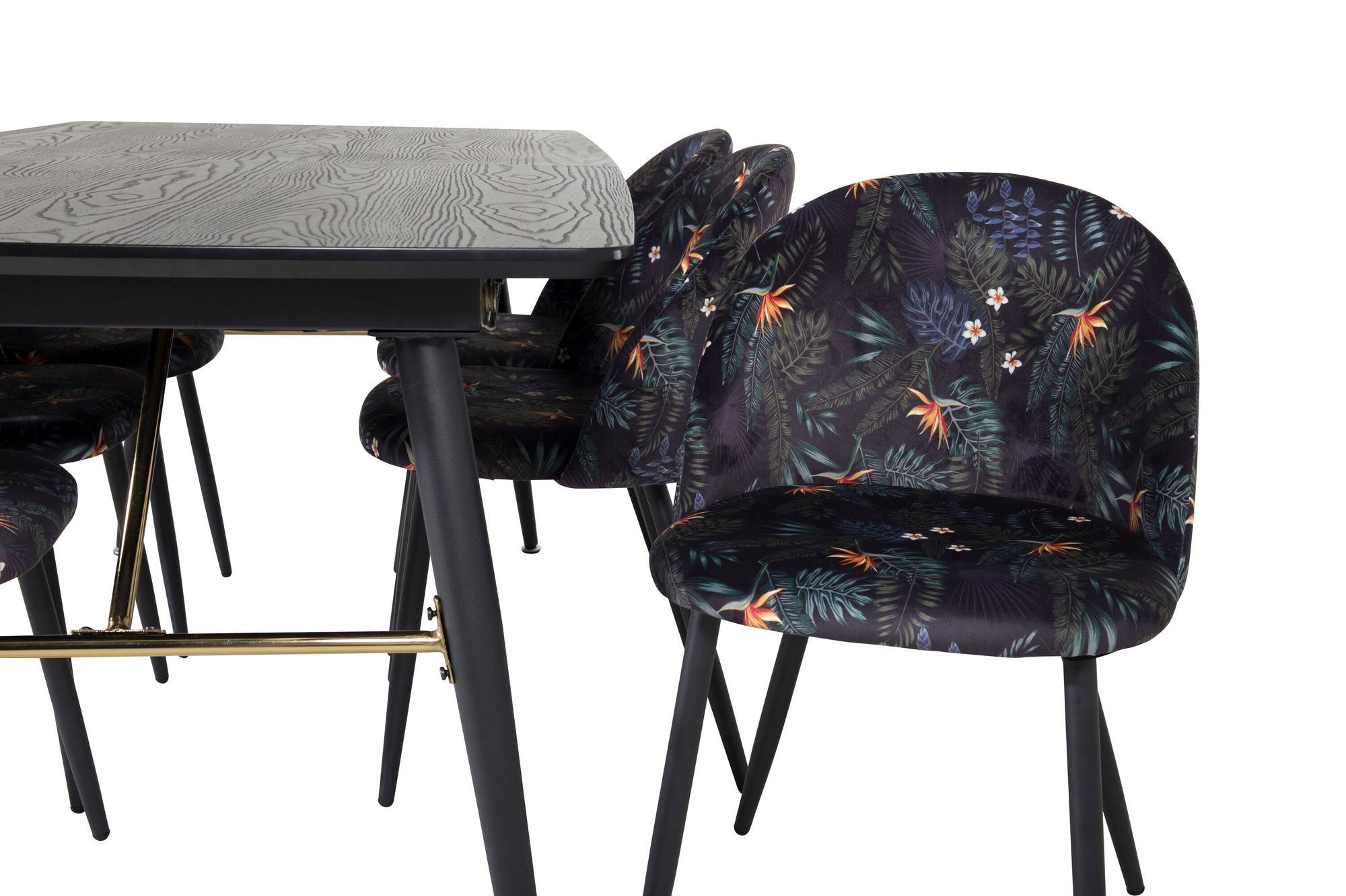 Venture Home Gold Extention bord - 180/220*85*H76 Black Veneer - Black legs - Brass details+Velvet Spisebordsstol - Black Flower fabric_6