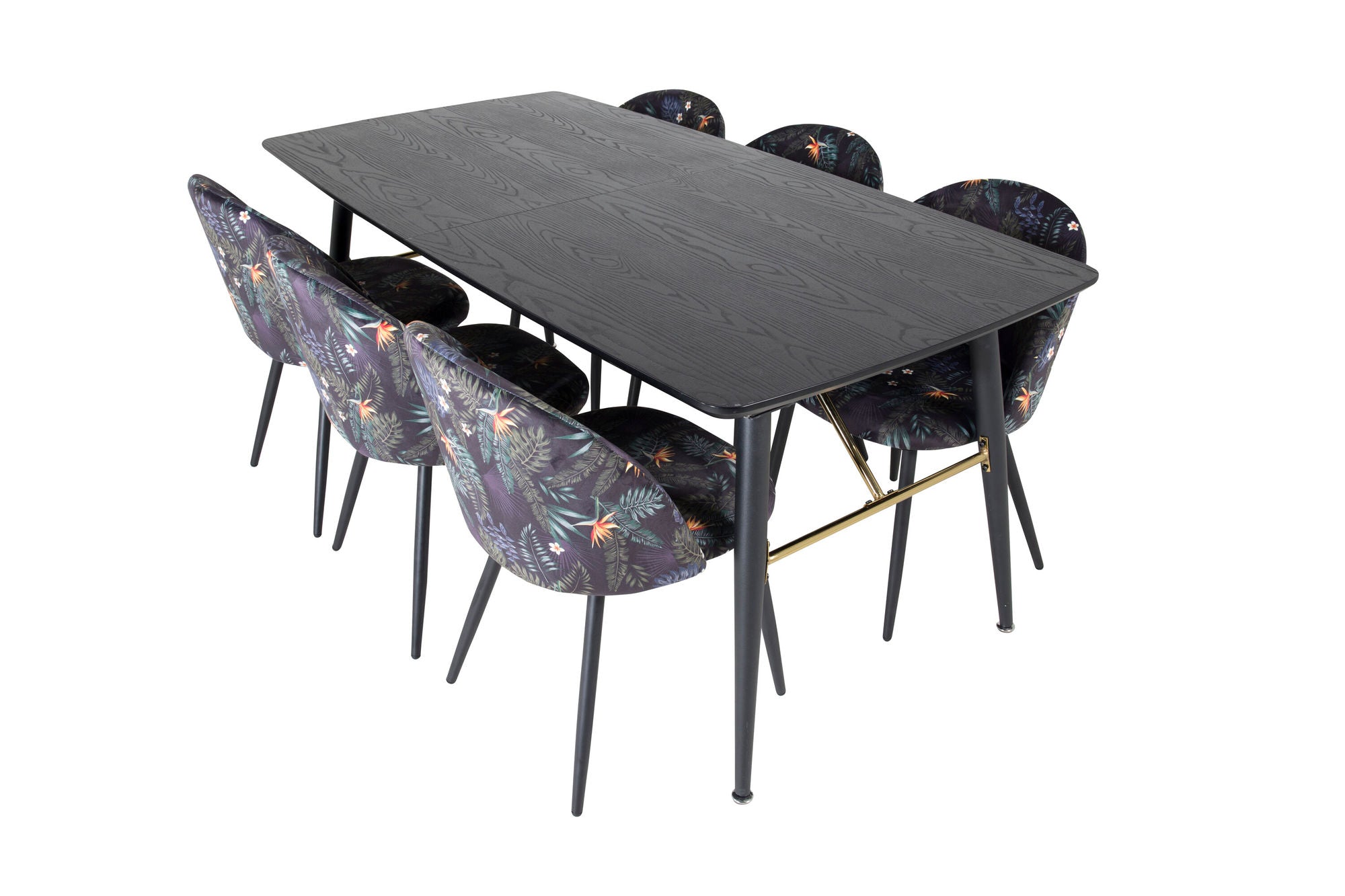 Venture Home Gold Extention bord - 180/220*85*H76 Black Veneer - Black legs - Brass details+Velvet Spisebordsstol - Black Flower fabric_6