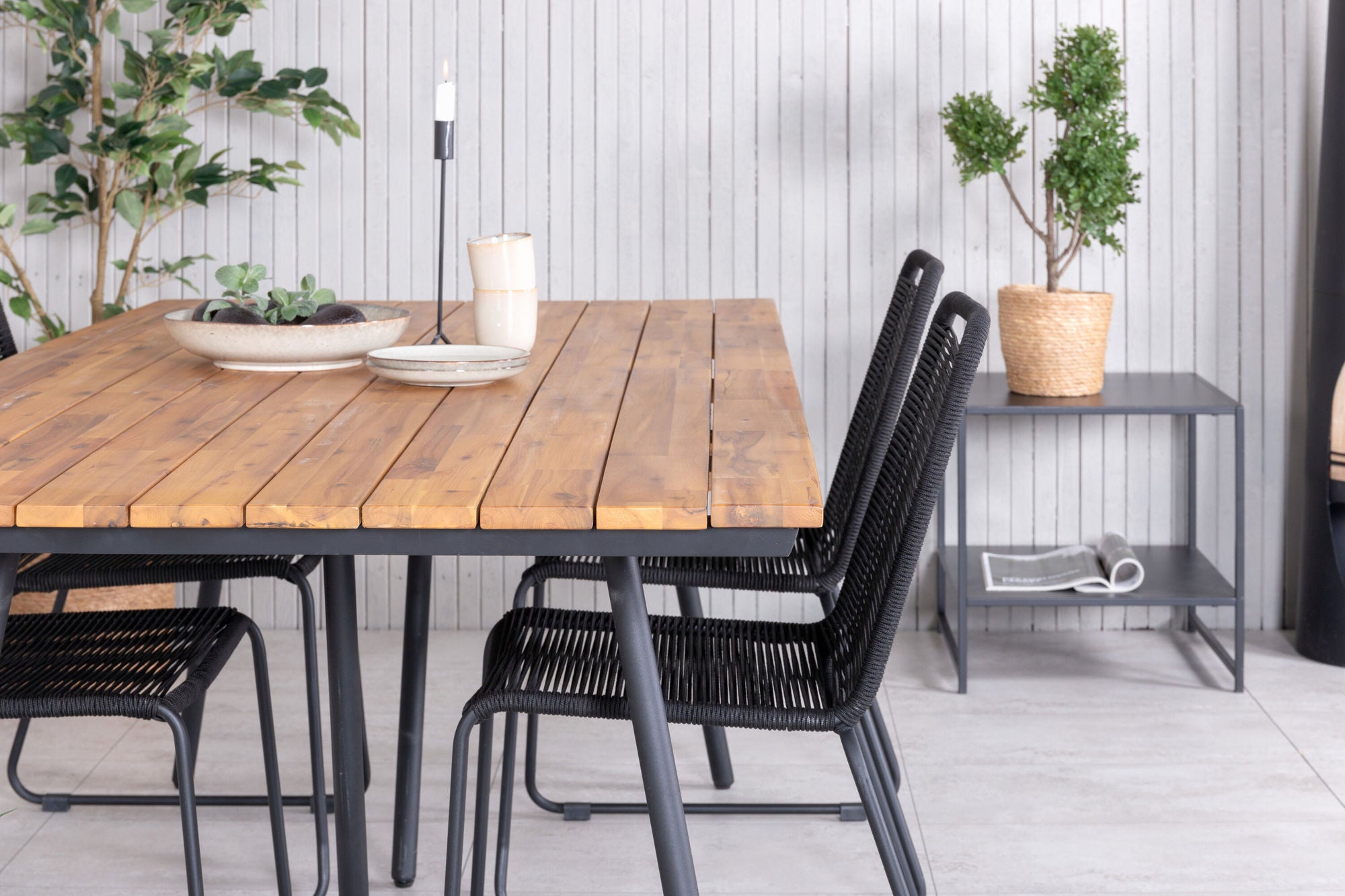 Venture Home Chan spisebord - Black Steel / Acacia (teak look) - 200cm+Lindos Stacking stol - Black Alu / Black Rope_4